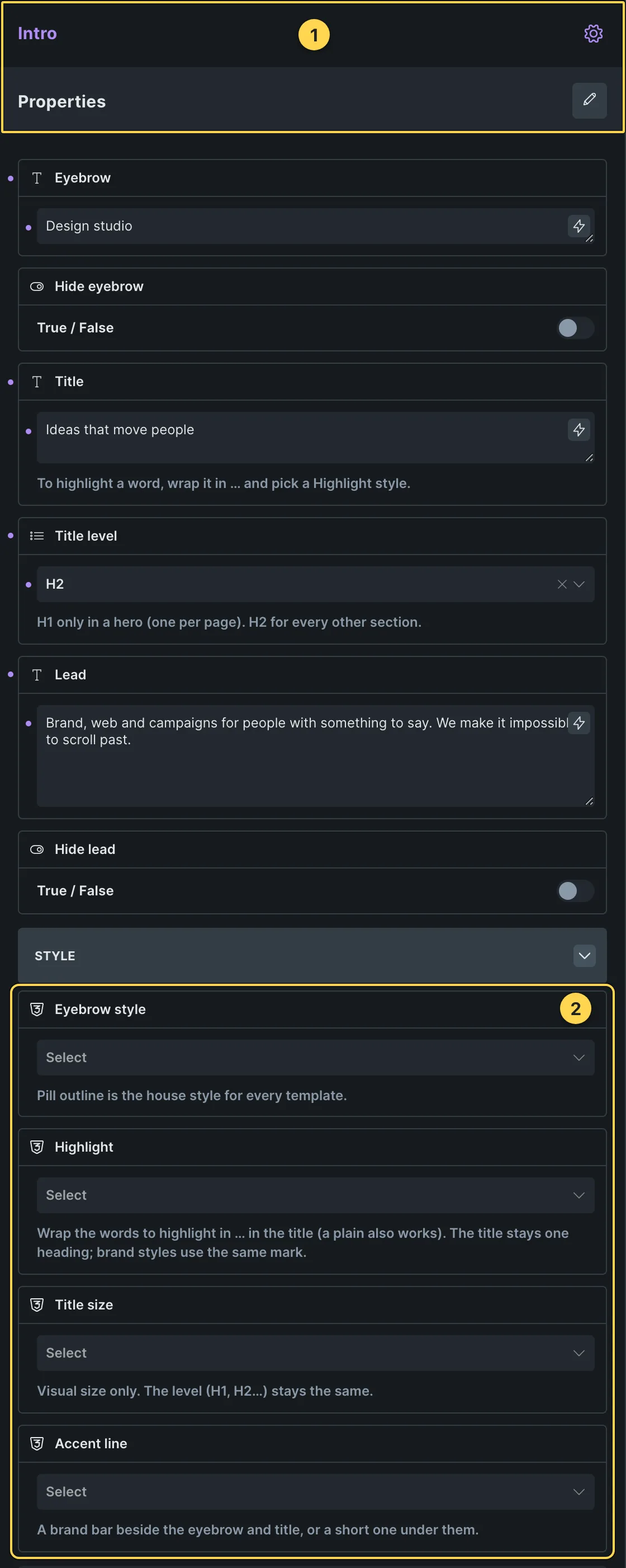 This template's own component, with its Style group open.