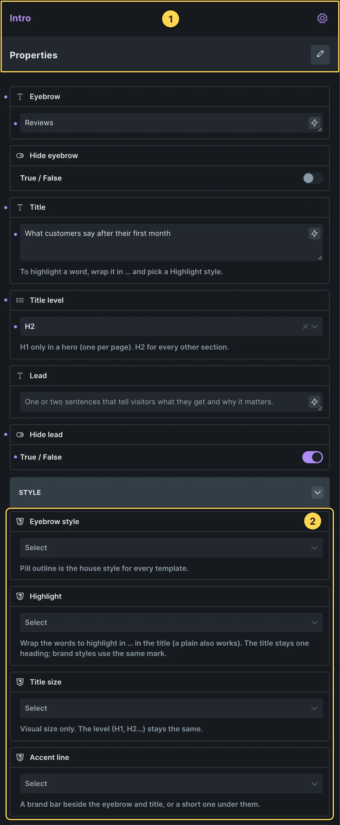 This template's own component, with its Style group open.