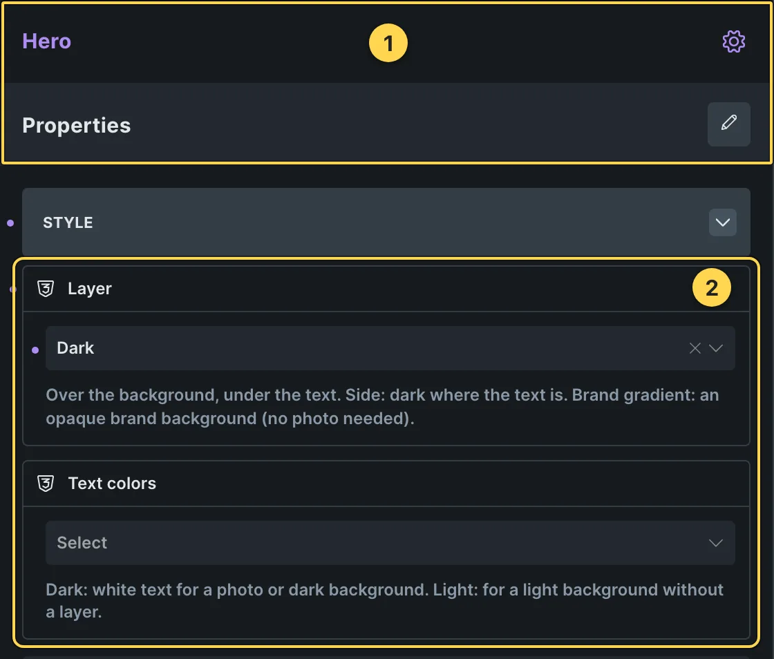 This template's own component, with its Style group open.