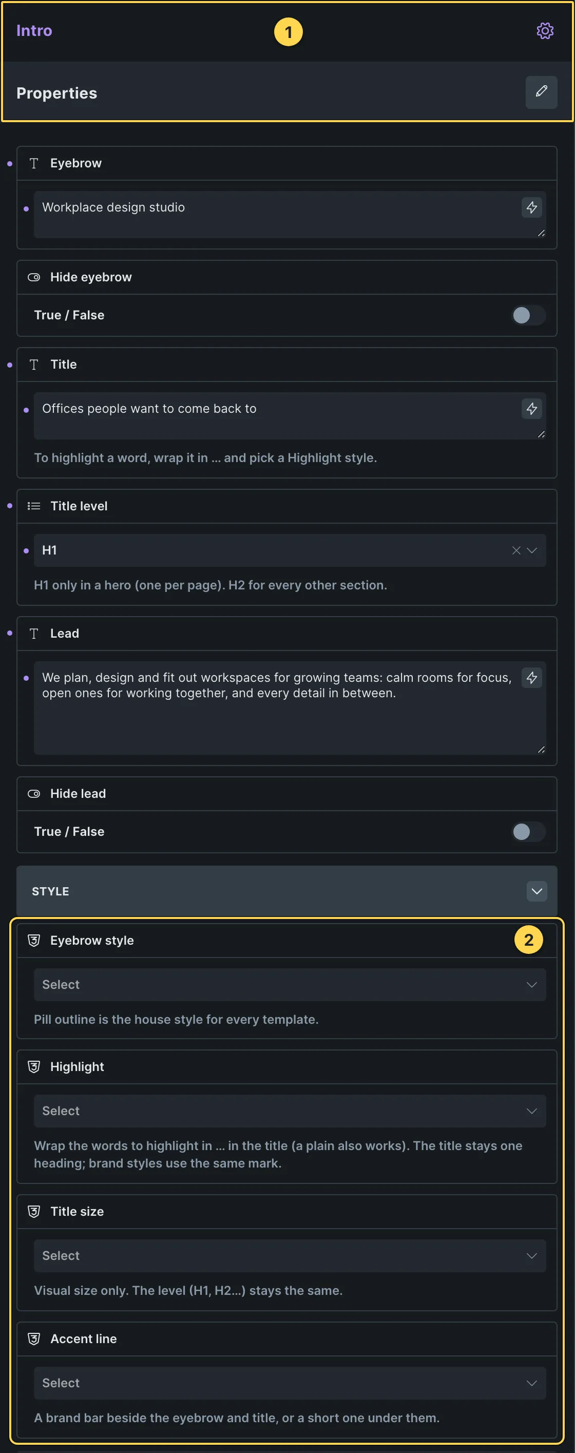 This template's own component, with its Style group open.