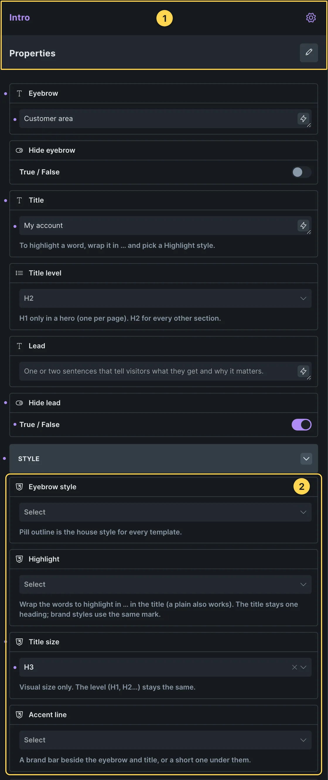 This template's own component, with its Style group open.