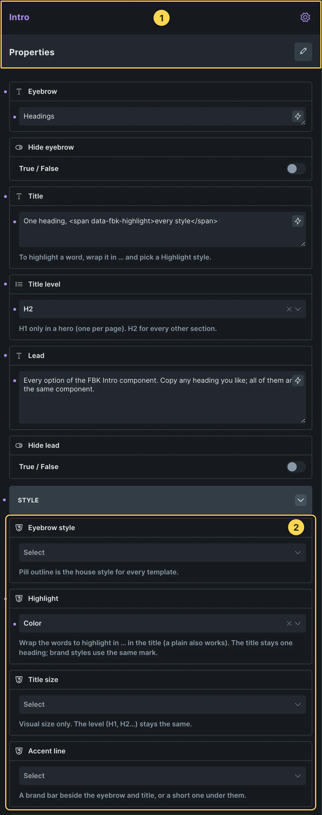 This template's own component, with its Style group open.