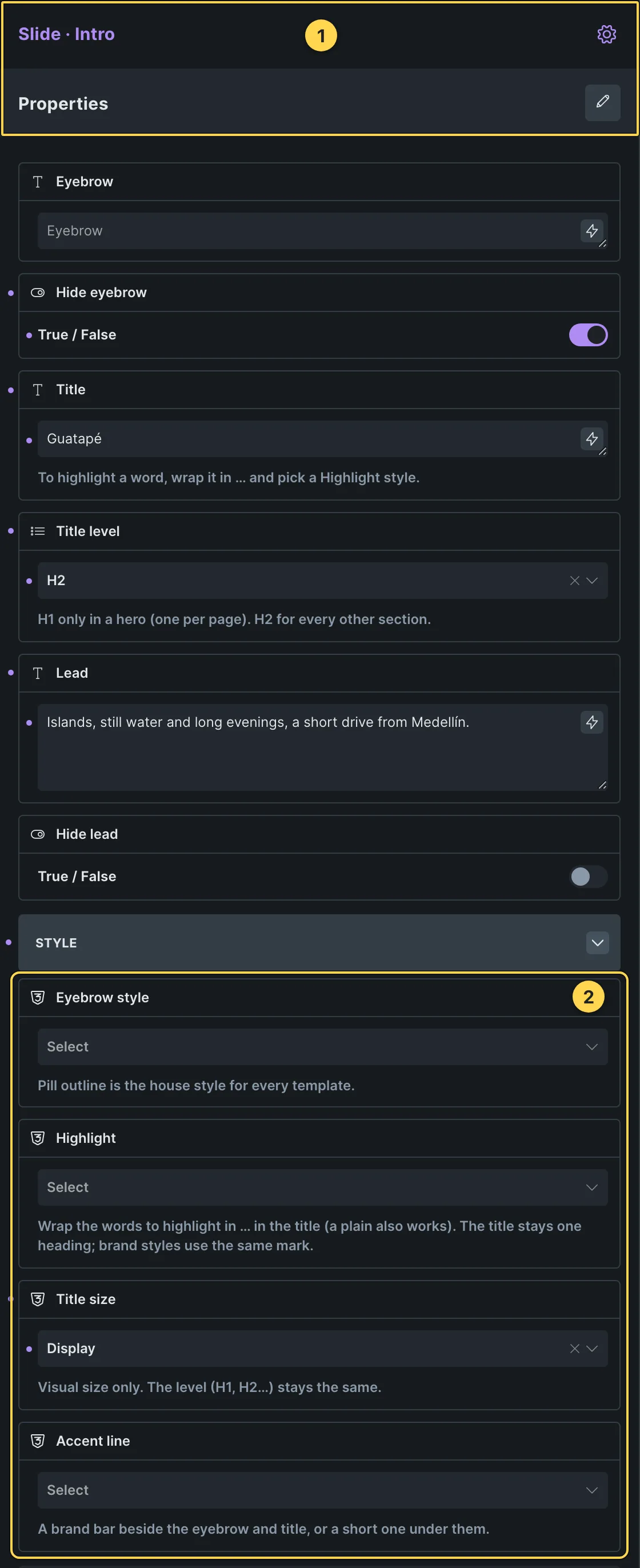 This template's own component, with its Style group open.