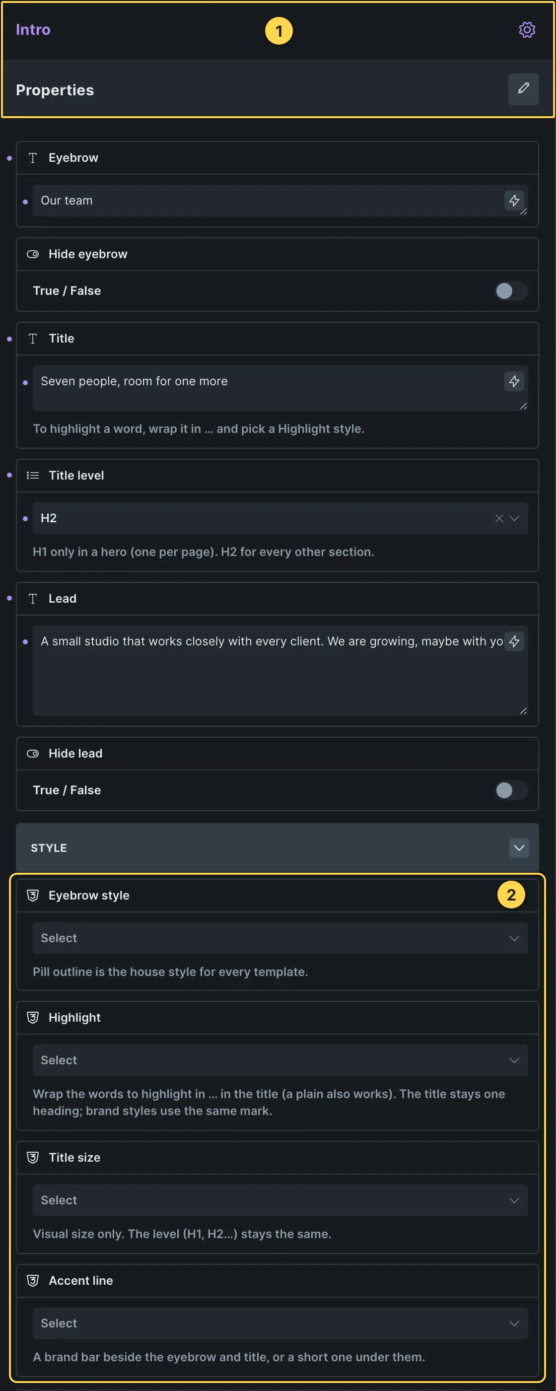 This template's own component, with its Style group open.