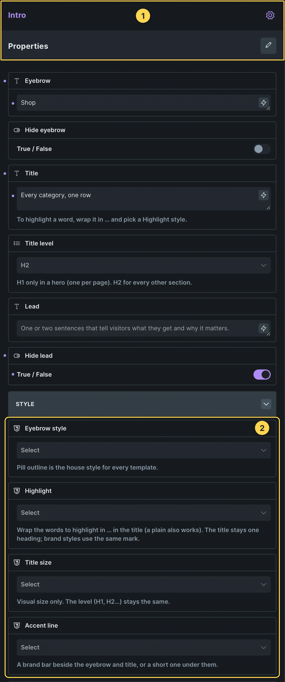 This template's own component, with its Style group open.