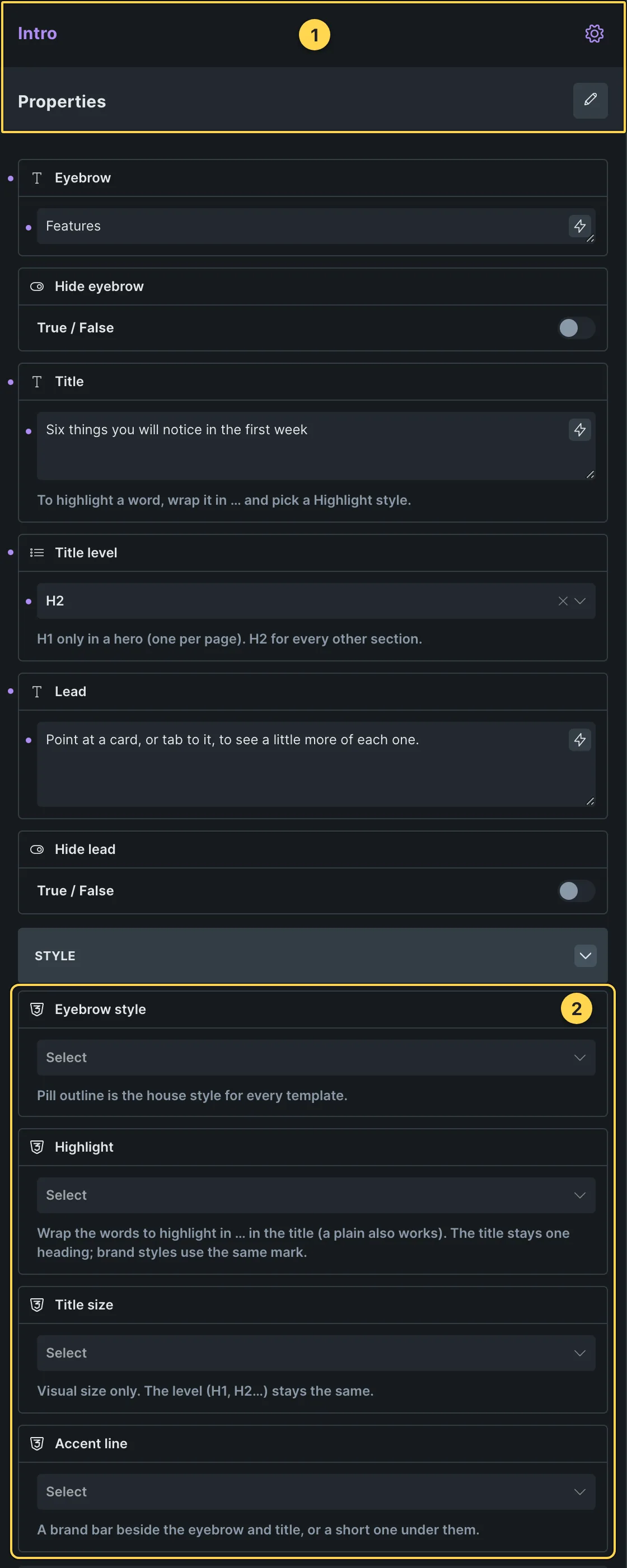 This template's own component, with its Style group open.