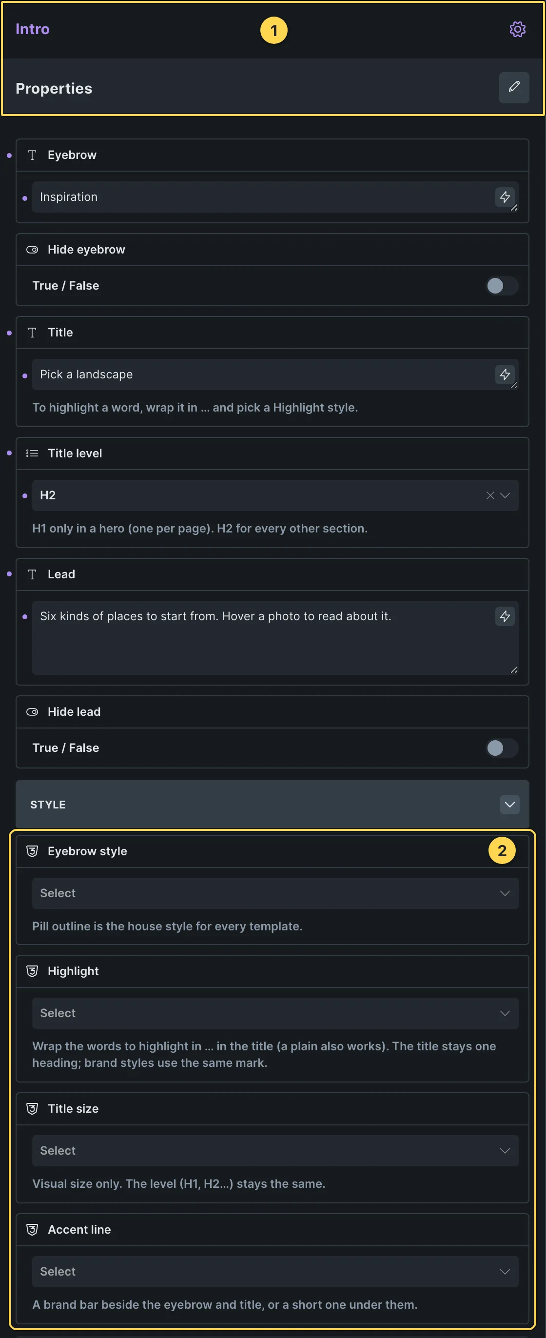 This template's own component, with its Style group open.