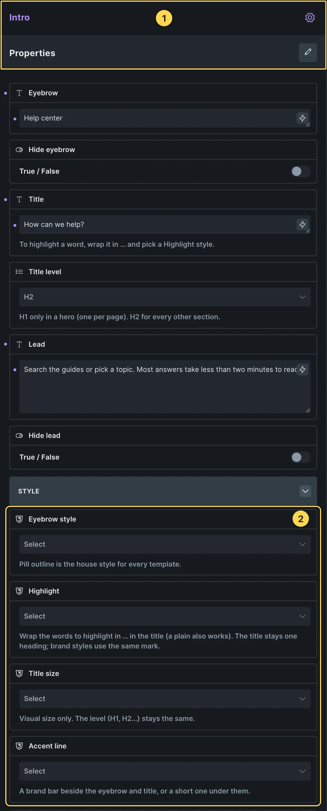 This template's own component, with its Style group open.