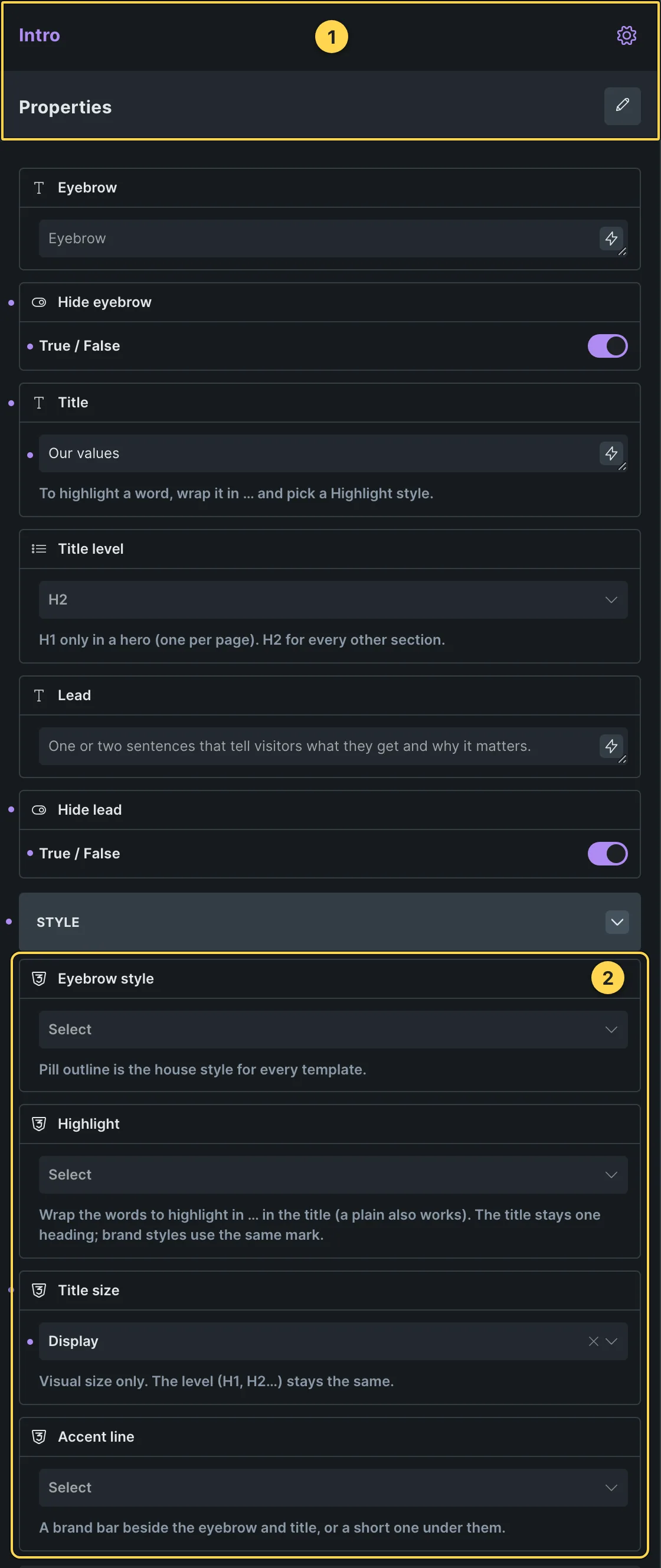 This template's own component, with its Style group open.