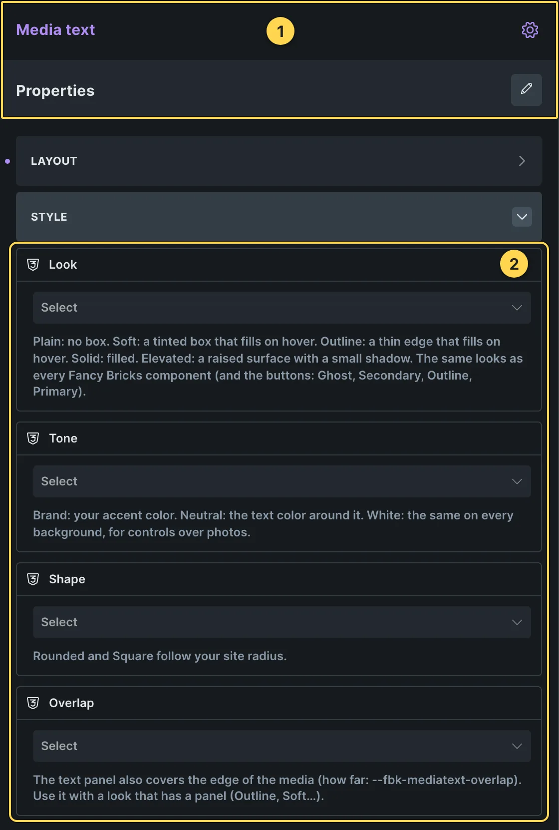 This template's own component, with its Style group open.