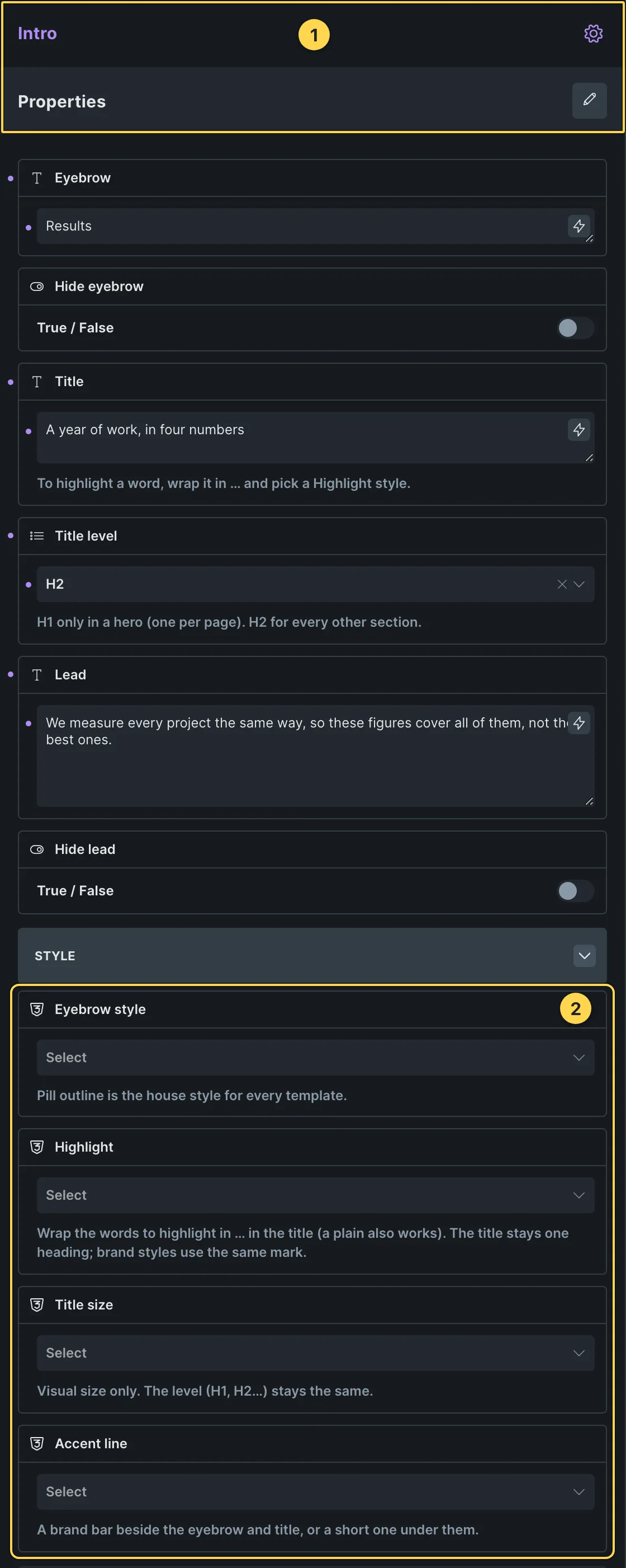 This template's own component, with its Style group open.