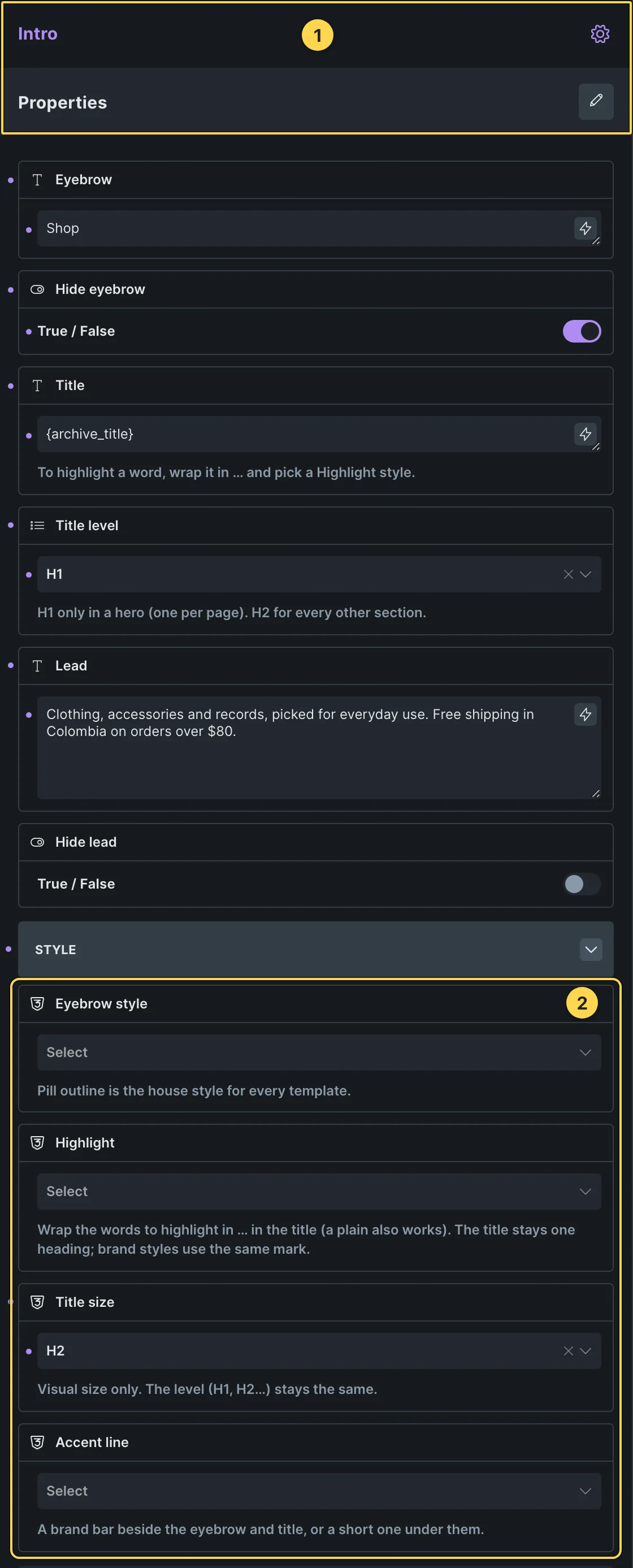 This template's own component, with its Style group open.