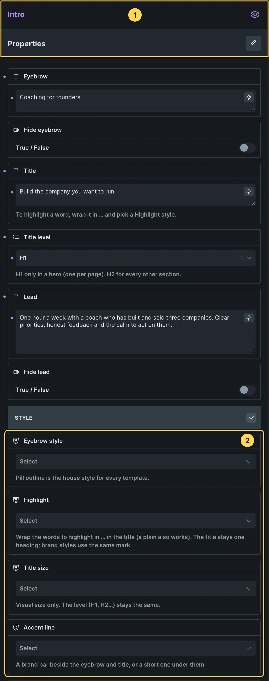 This template's own component, with its Style group open.