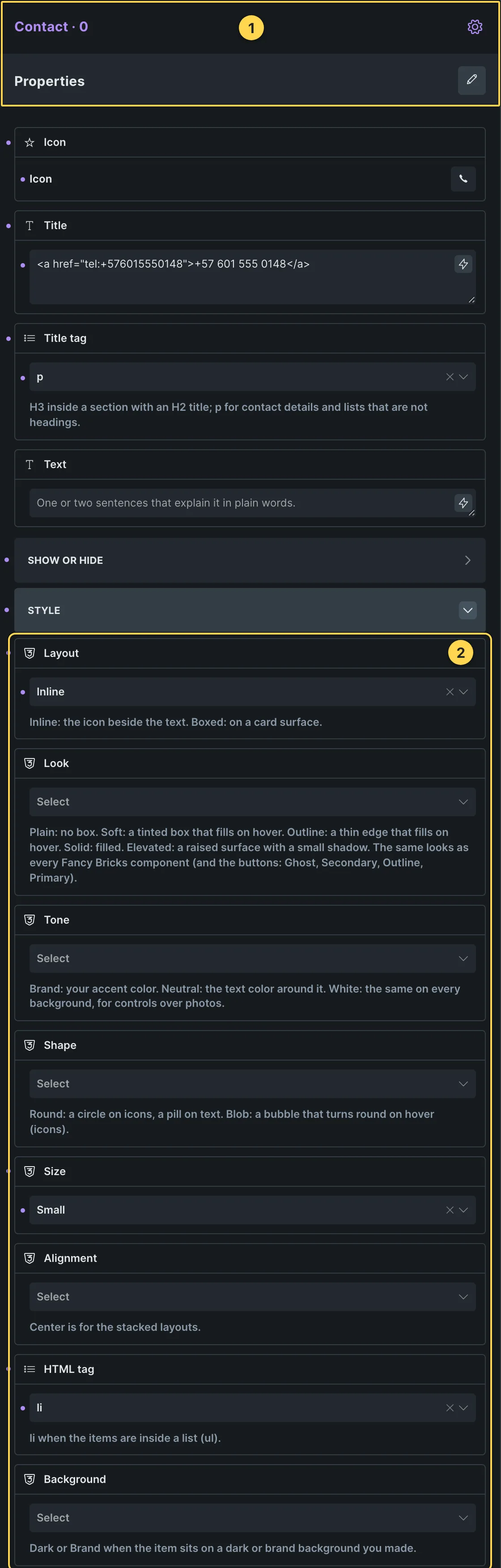 This template's own component, with its Style group open.