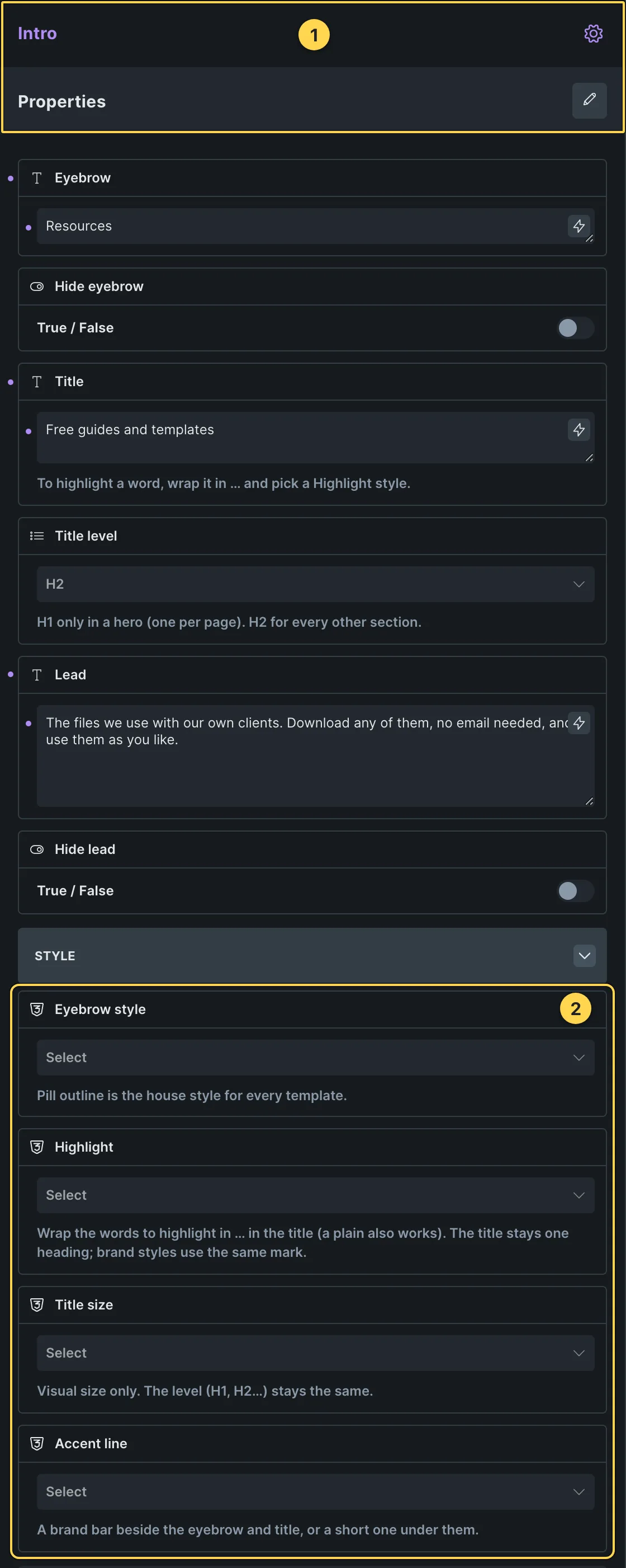 This template's own component, with its Style group open.