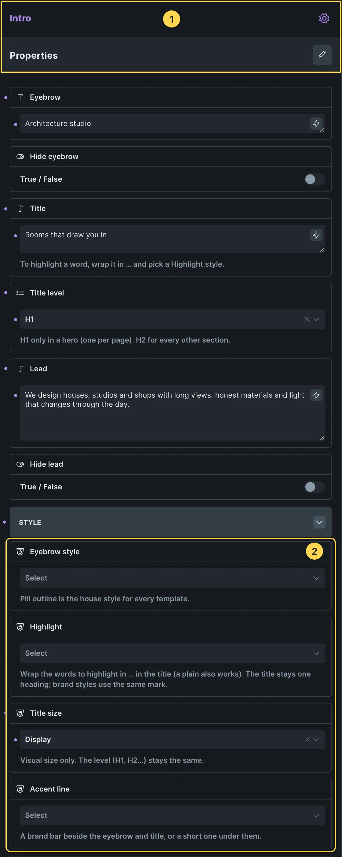 This template's own component, with its Style group open.