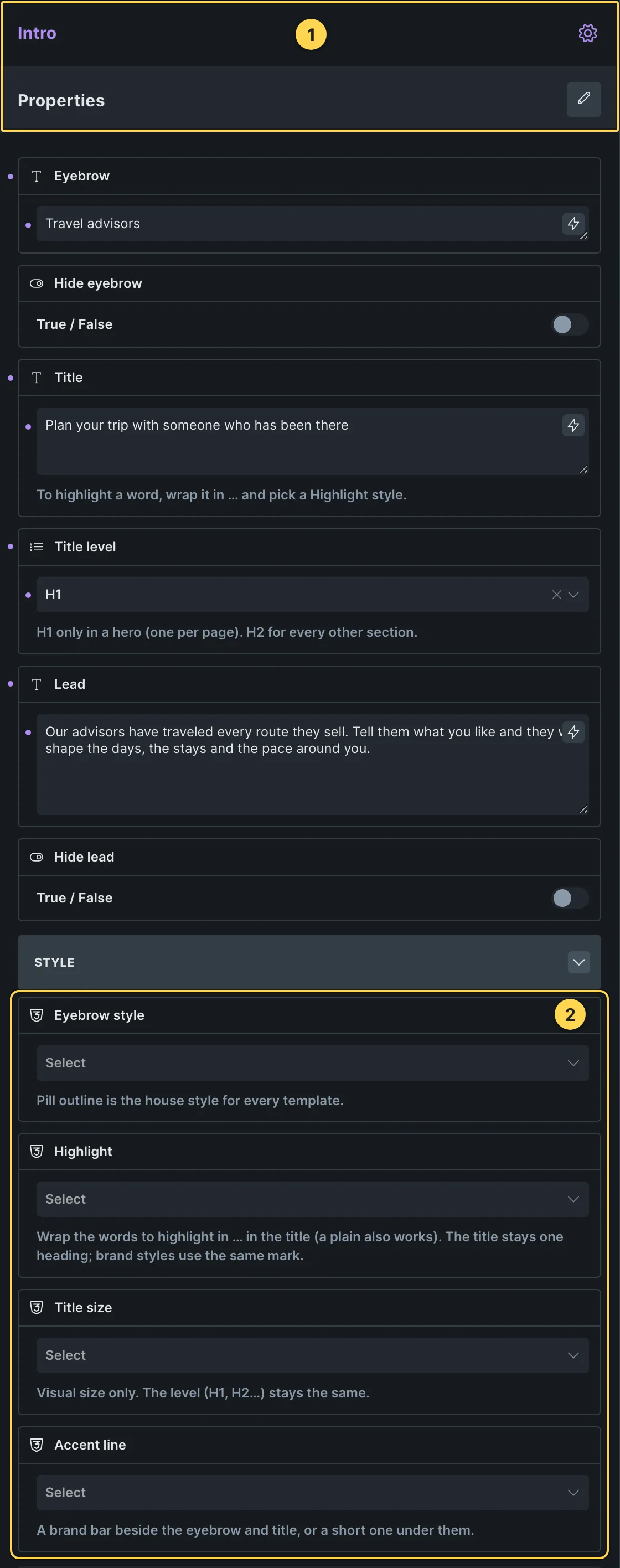 This template's own component, with its Style group open.
