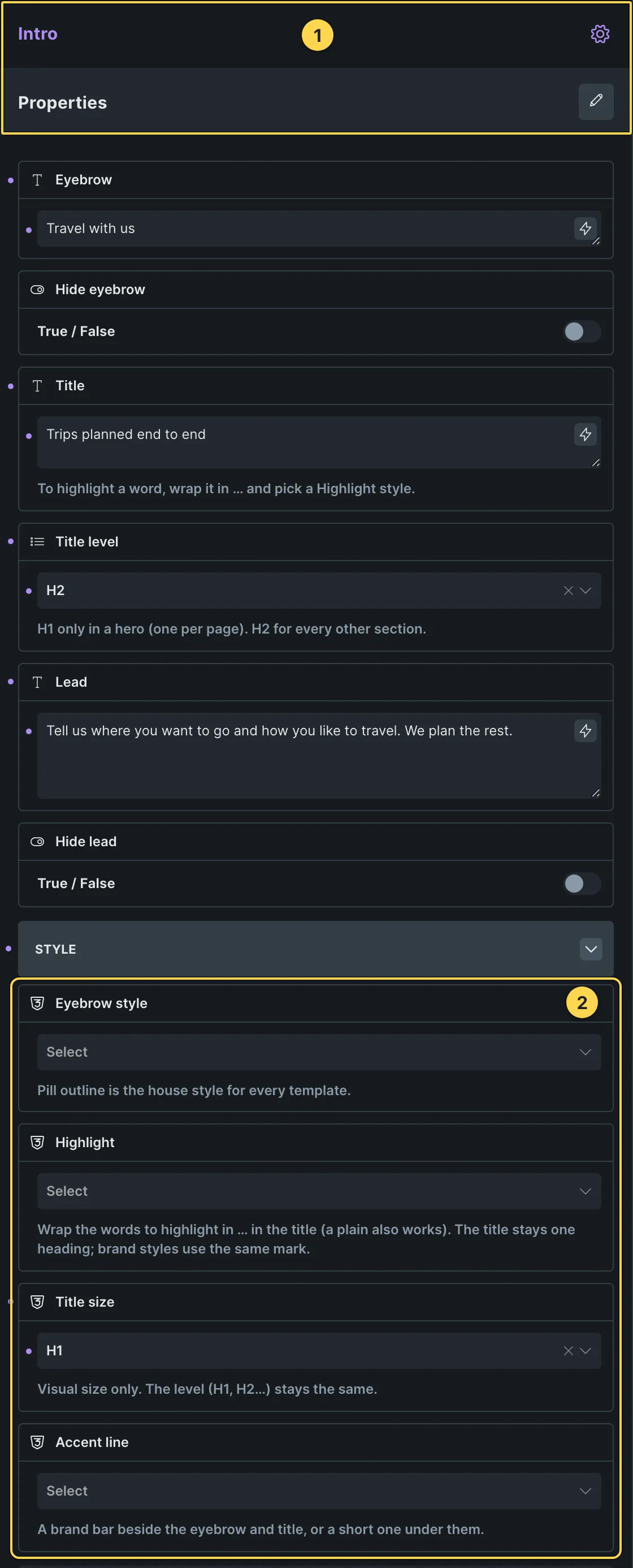 This template's own component, with its Style group open.