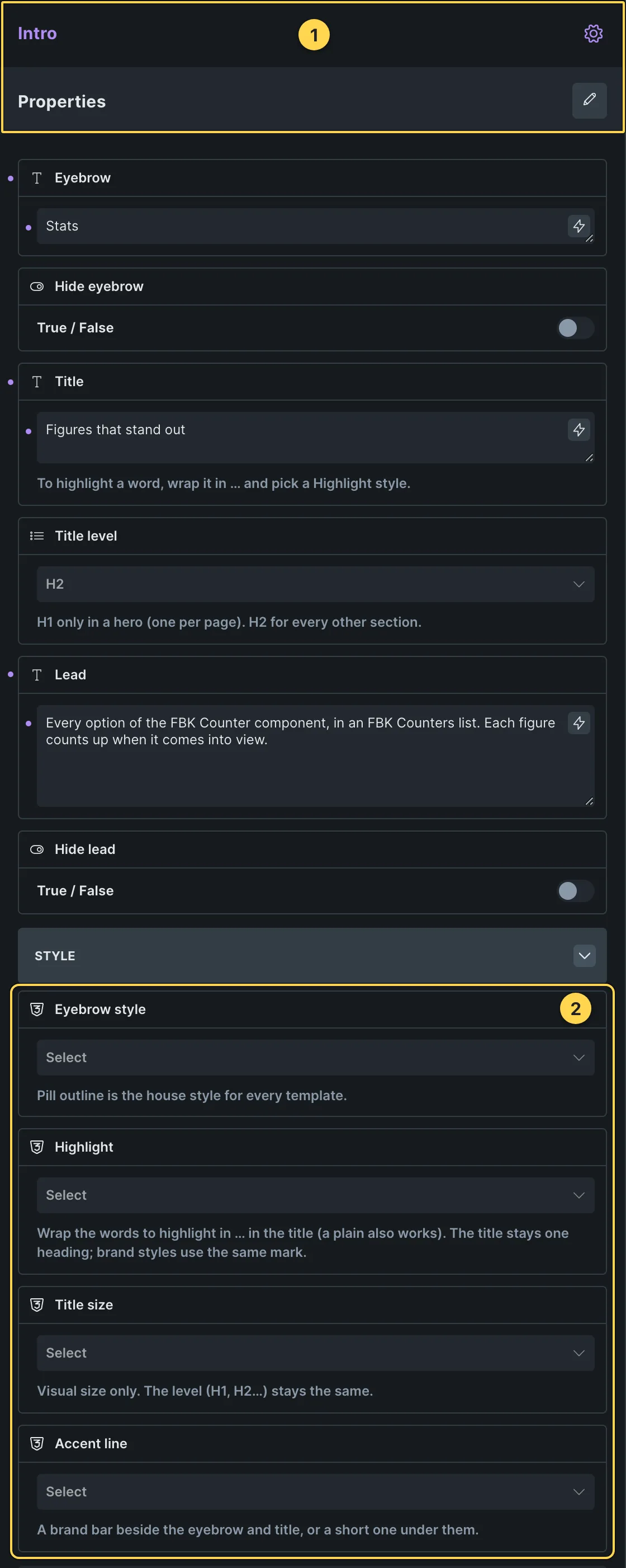 This template's own component, with its Style group open.