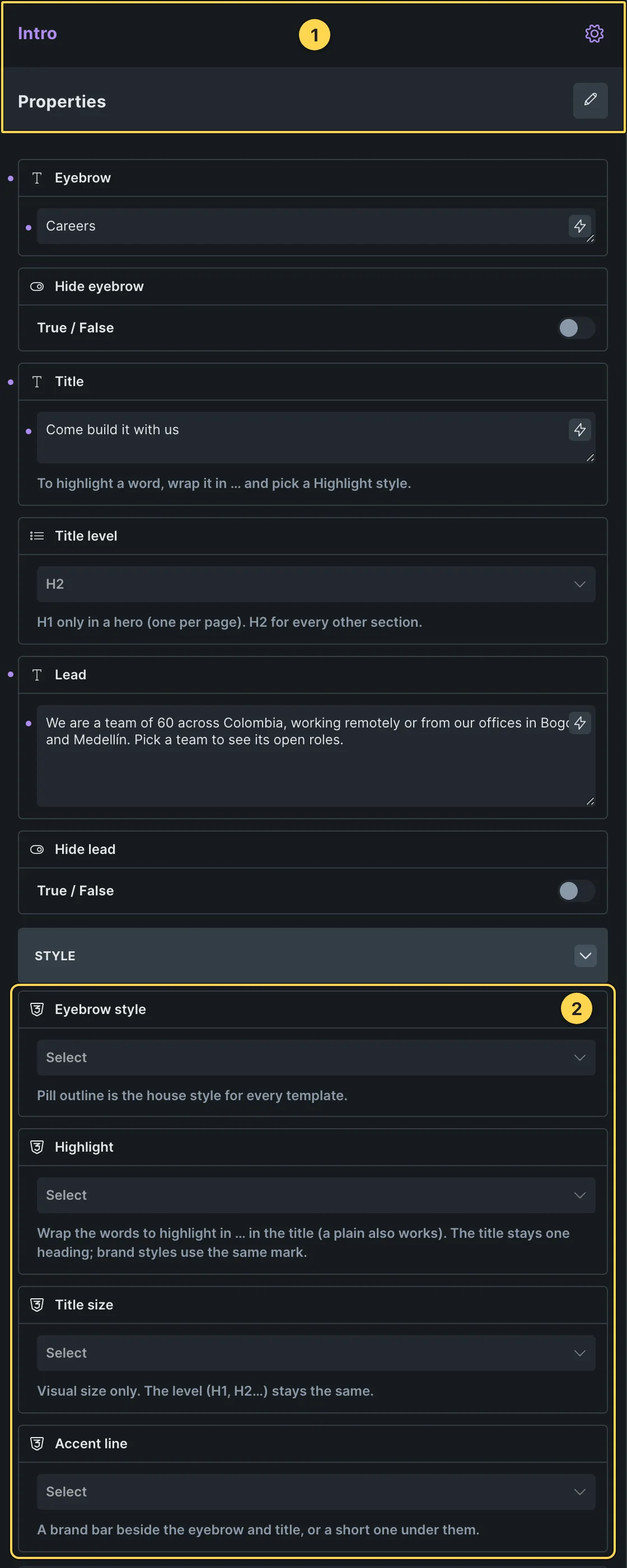 This template's own component, with its Style group open.