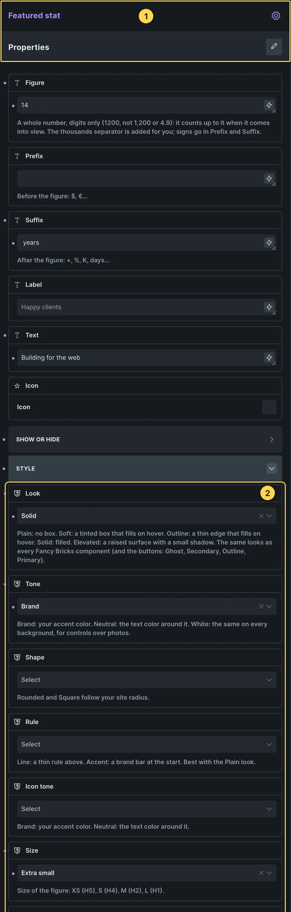This template's own component, with its Style group open.