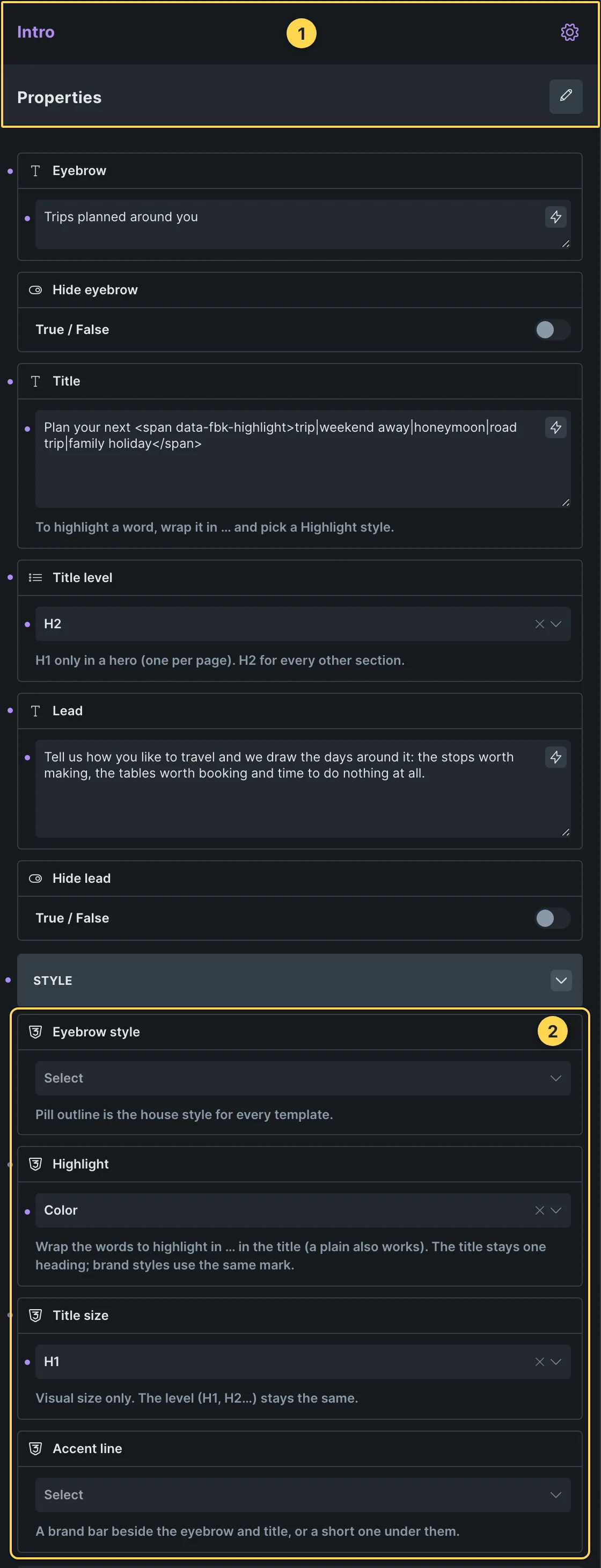 This template's own component, with its Style group open.