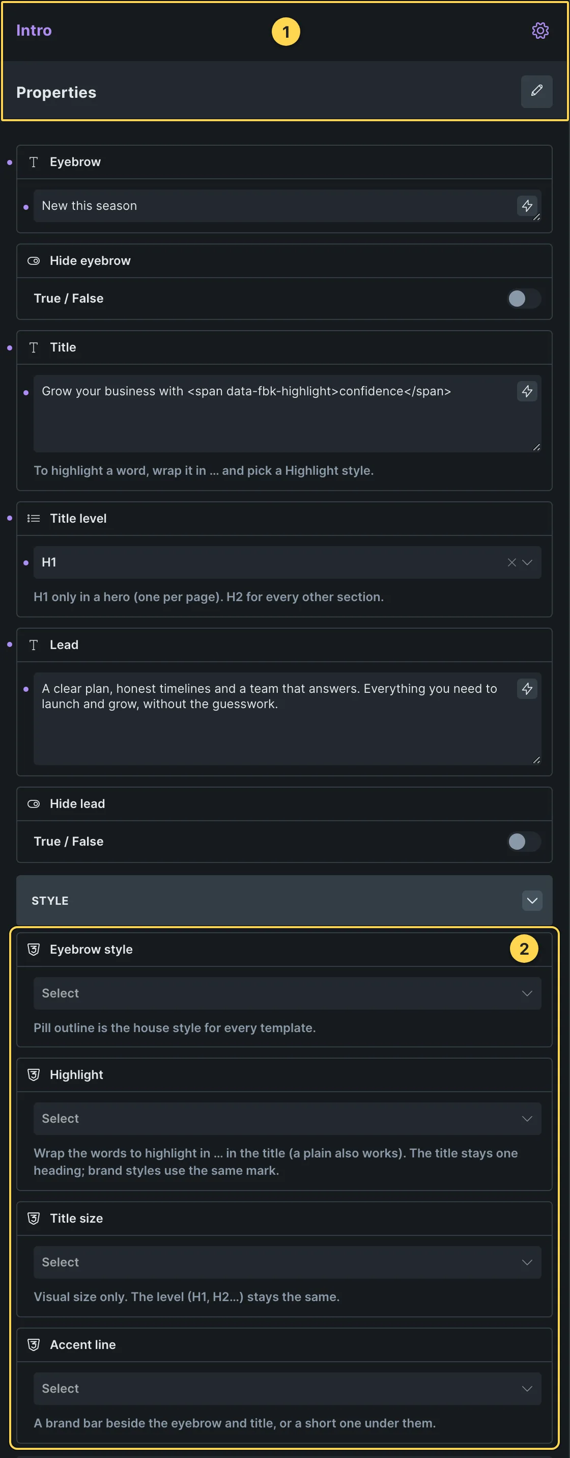 This template's own component, with its Style group open.