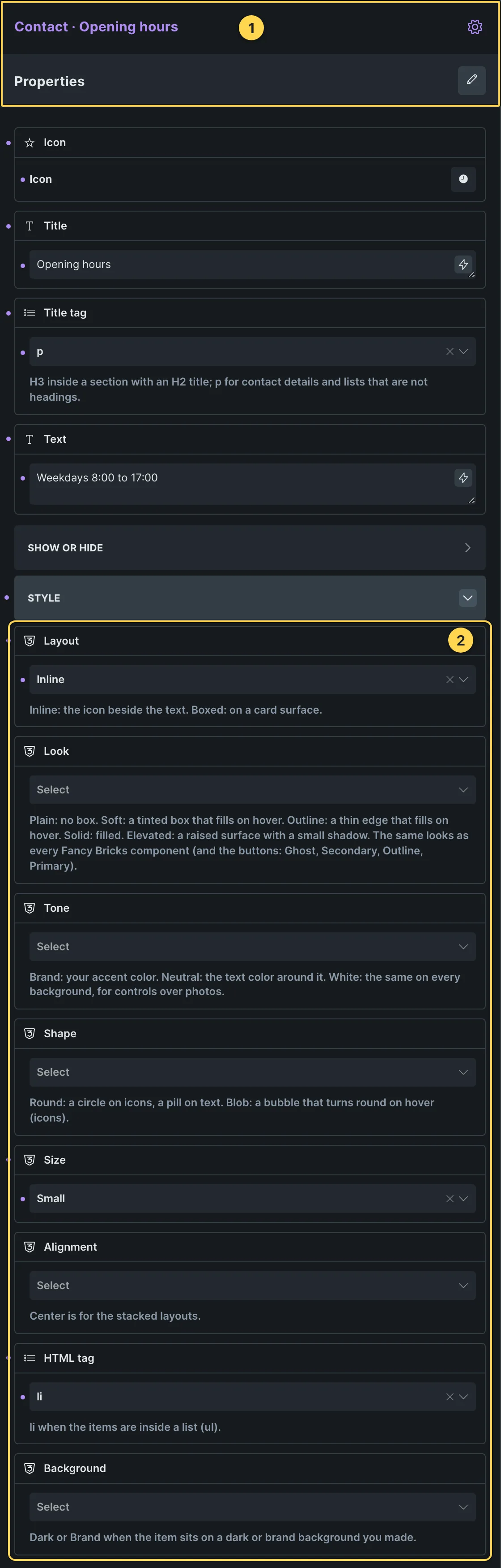 This template's own component, with its Style group open.