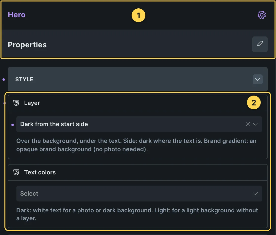 This template's own component, with its Style group open.