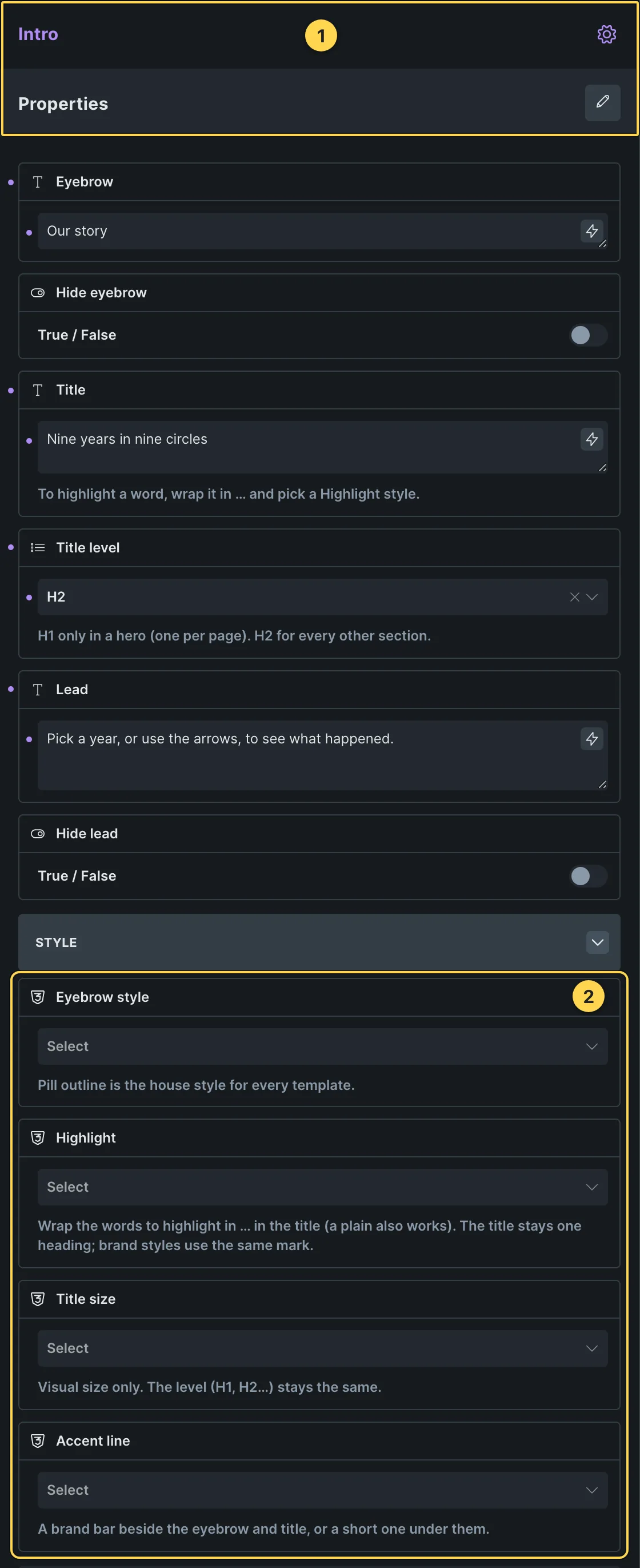 This template's own component, with its Style group open.