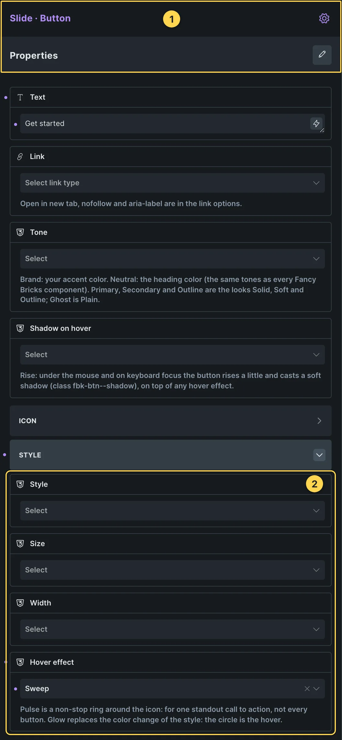 This template's own component, with its Style group open.