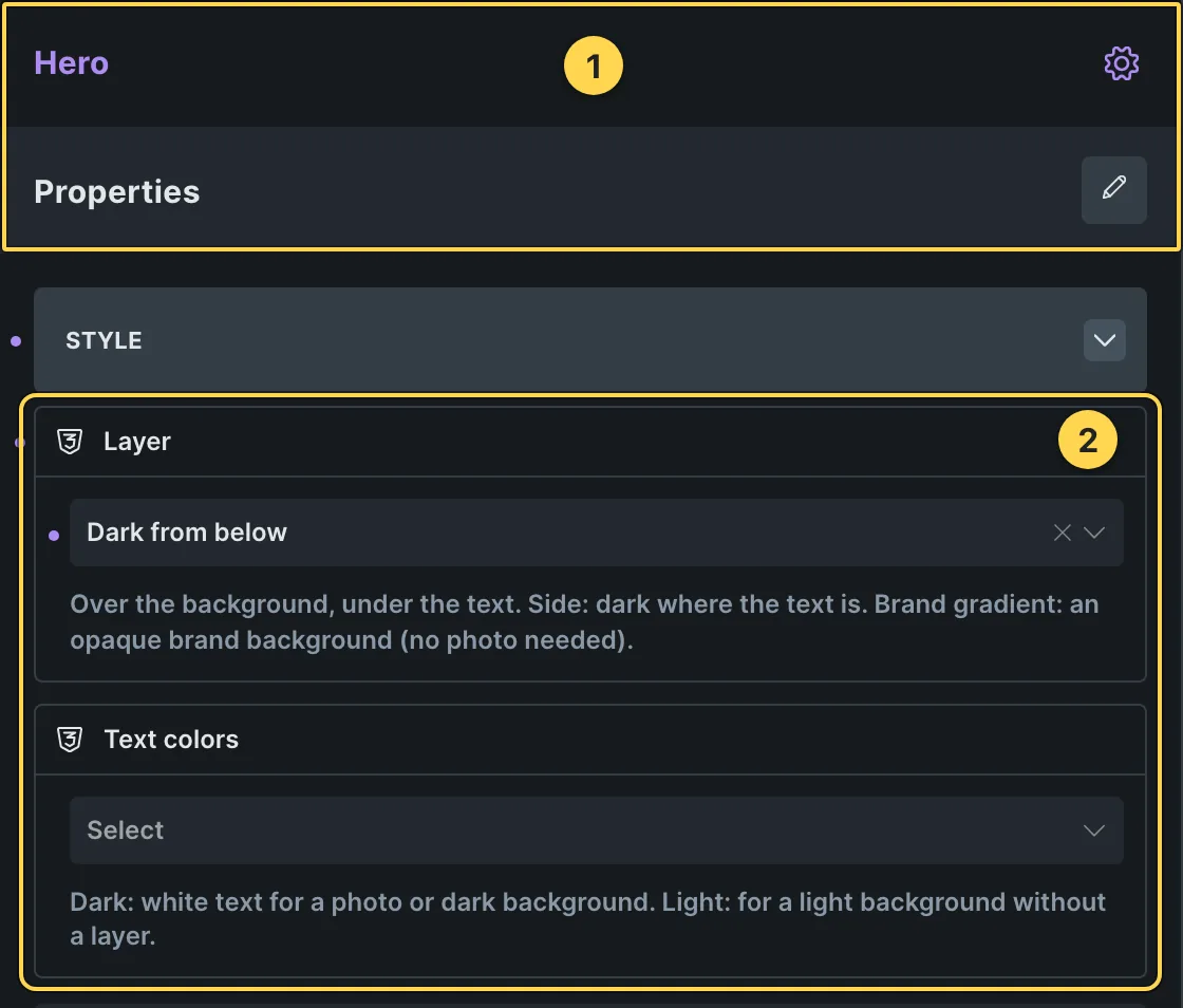 This template's own component, with its Style group open.