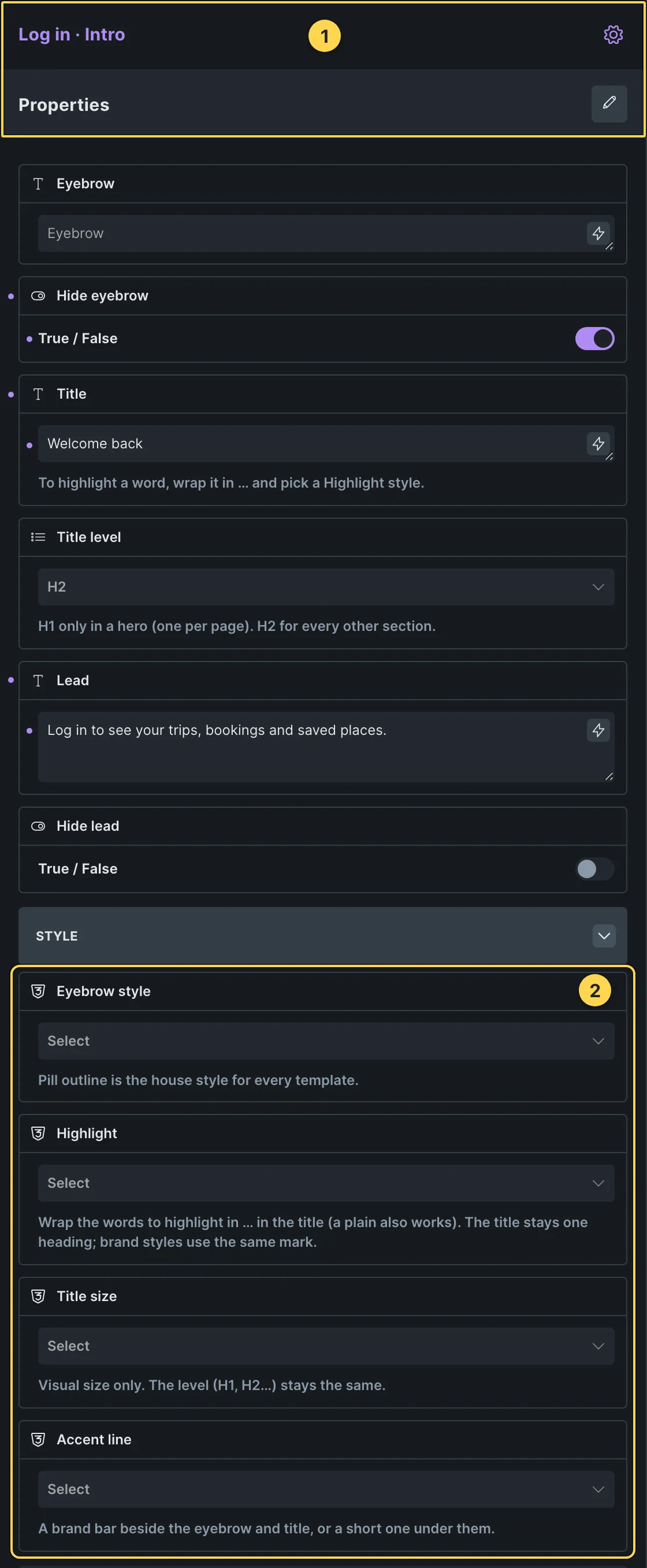 This template's own component, with its Style group open.