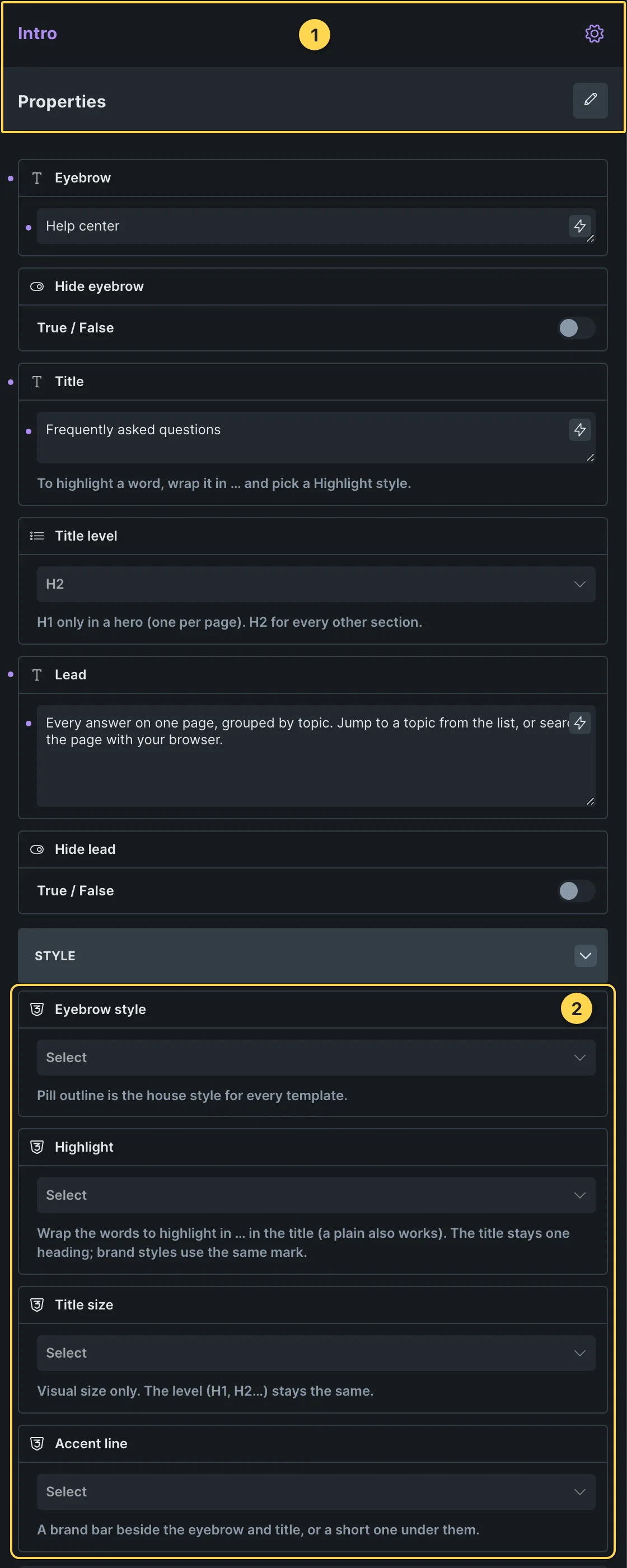 This template's own component, with its Style group open.