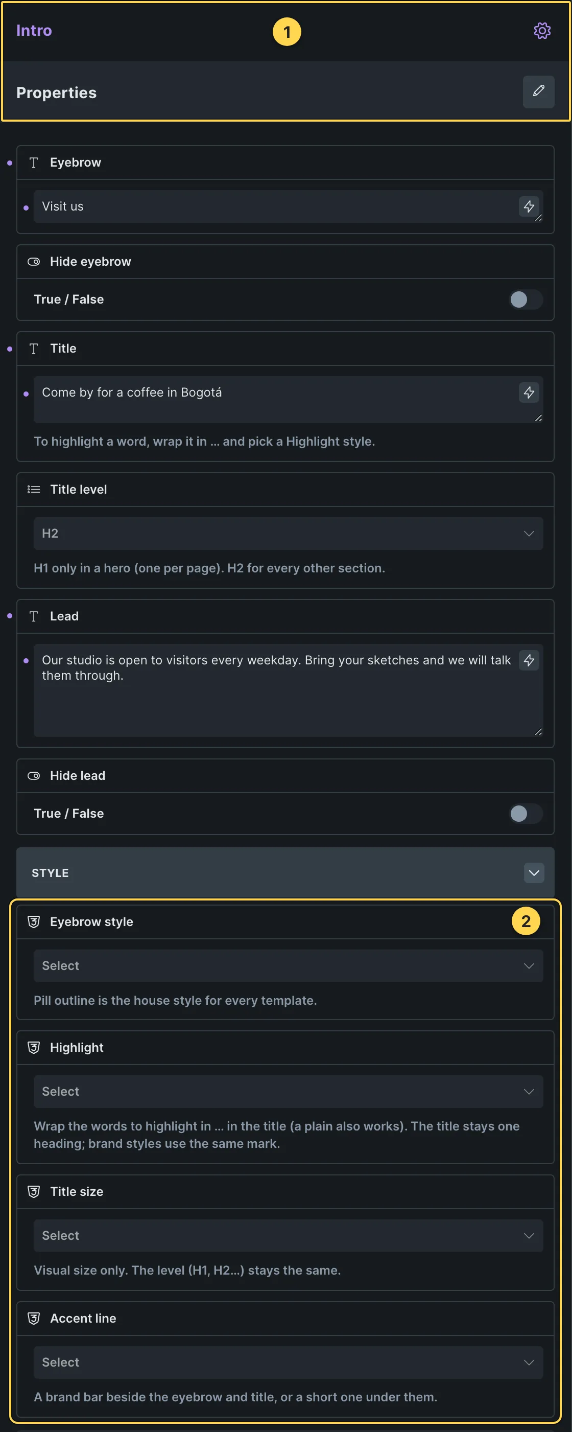 This template's own component, with its Style group open.