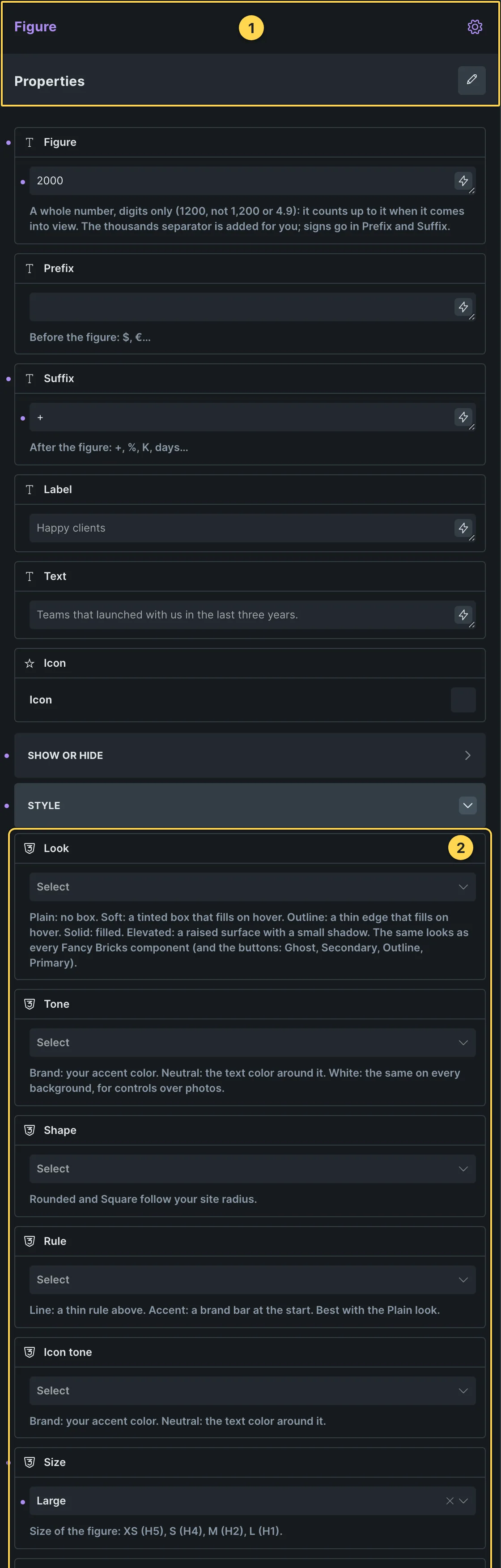 This template's own component, with its Style group open.