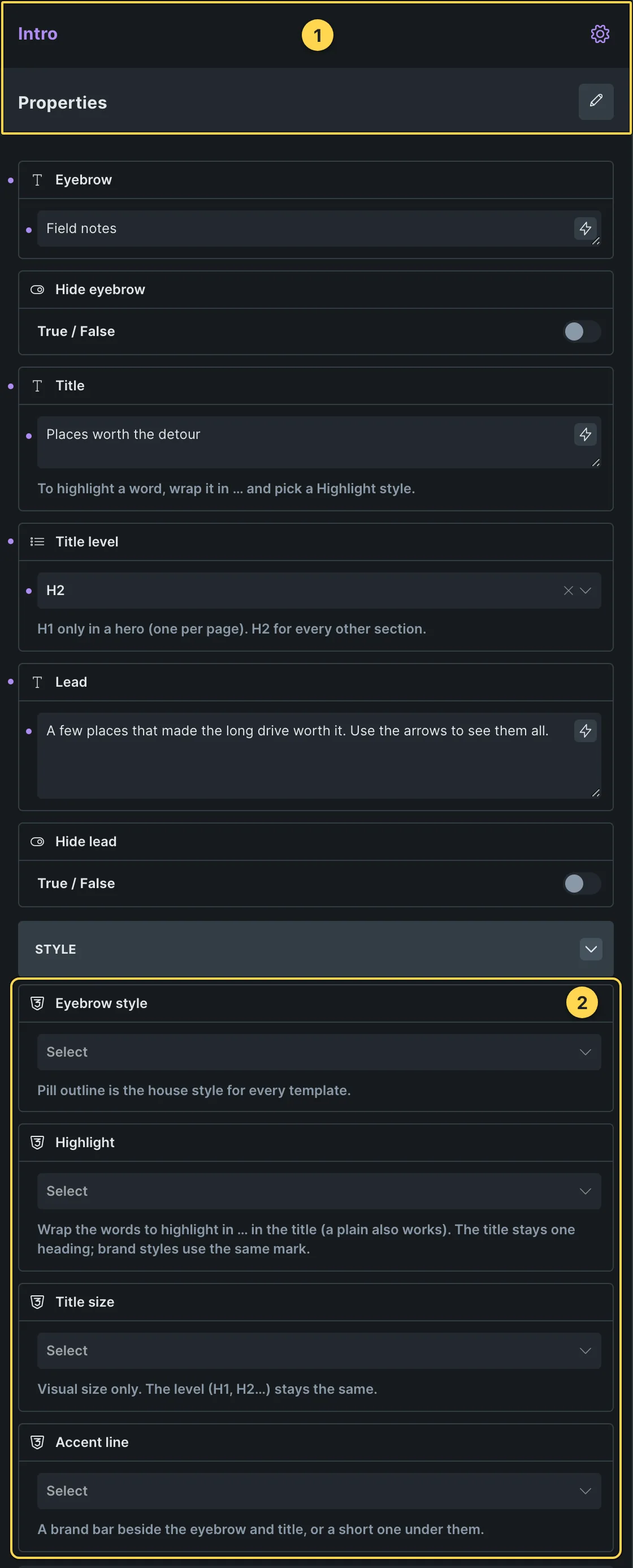 This template's own component, with its Style group open.