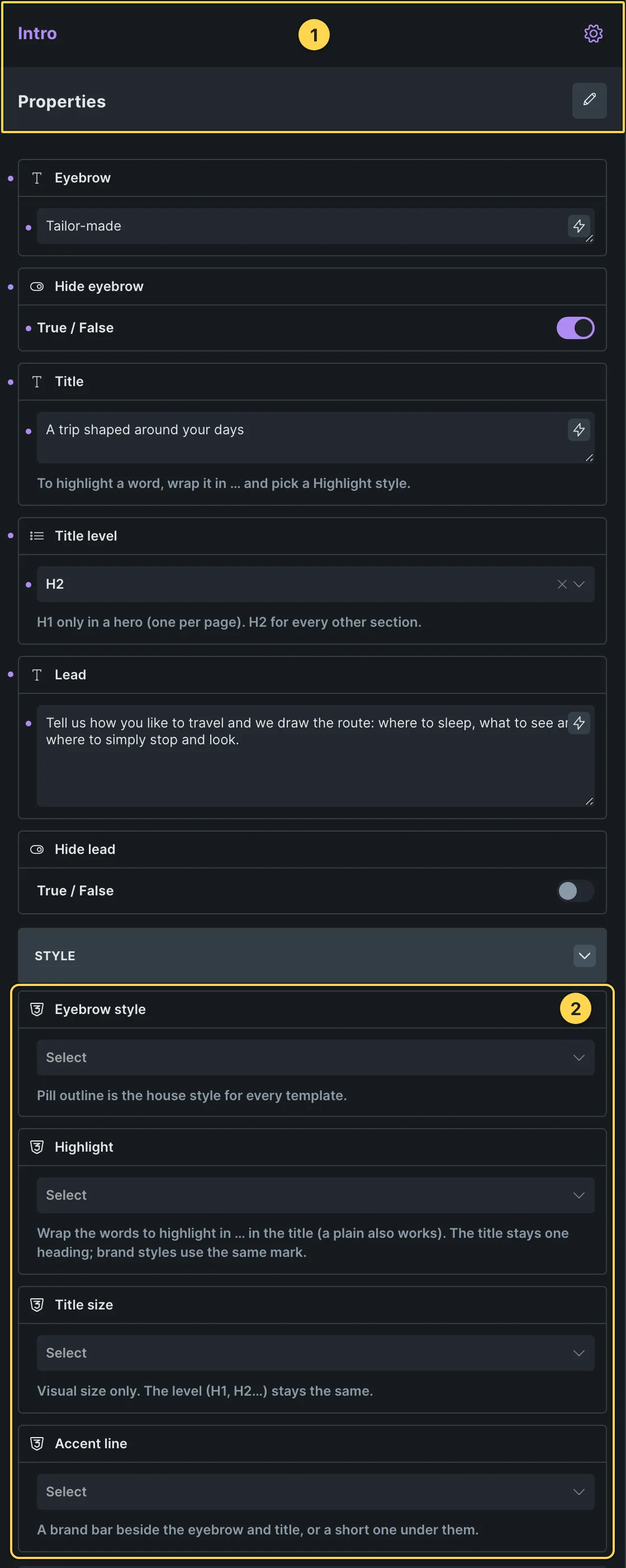 This template's own component, with its Style group open.