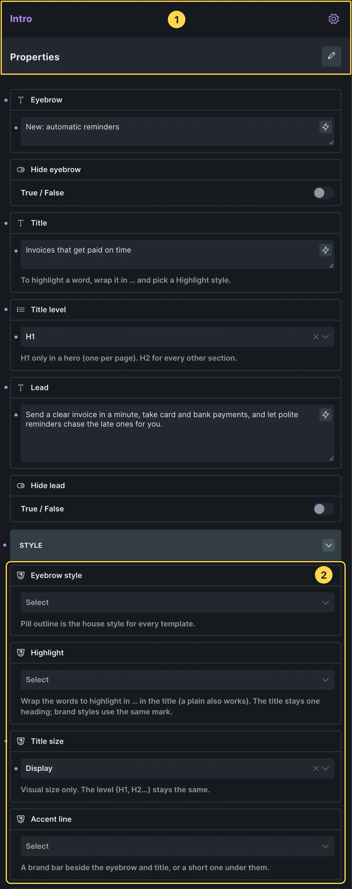 This template's own component, with its Style group open.