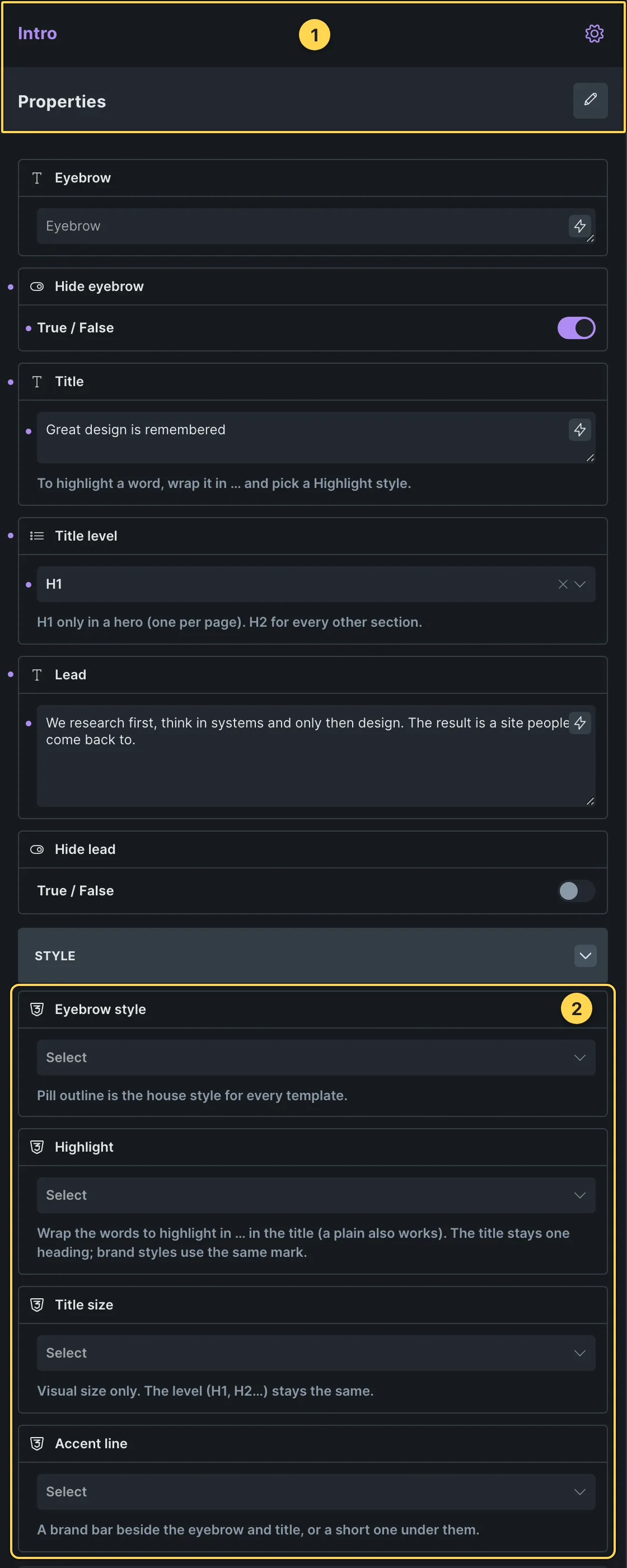 This template's own component, with its Style group open.