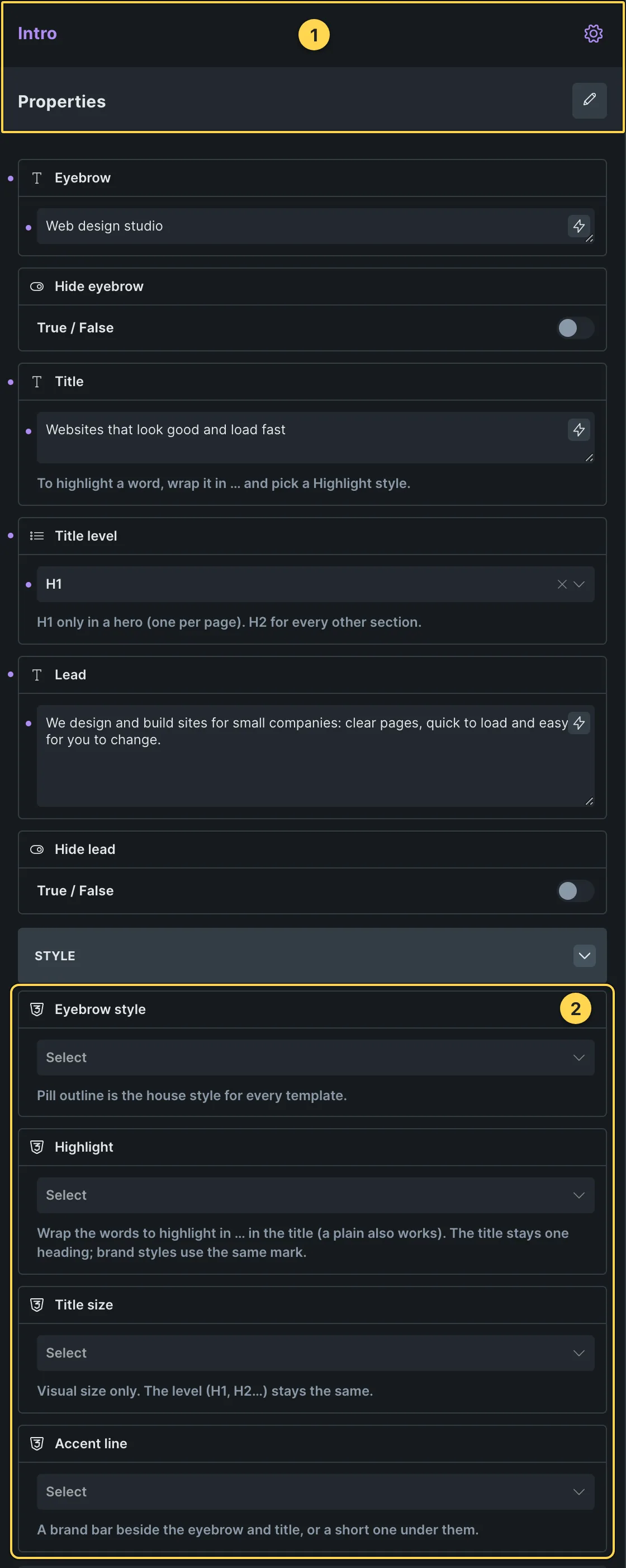 This template's own component, with its Style group open.