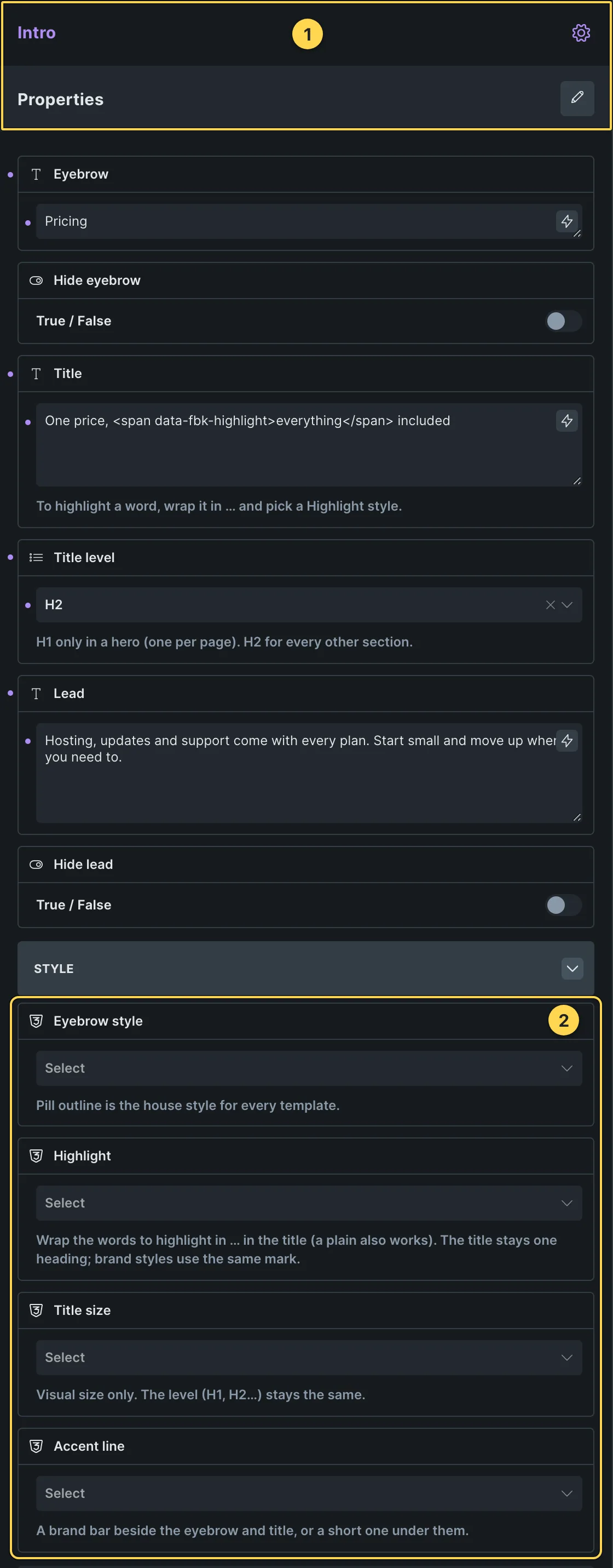 This template's own component, with its Style group open.