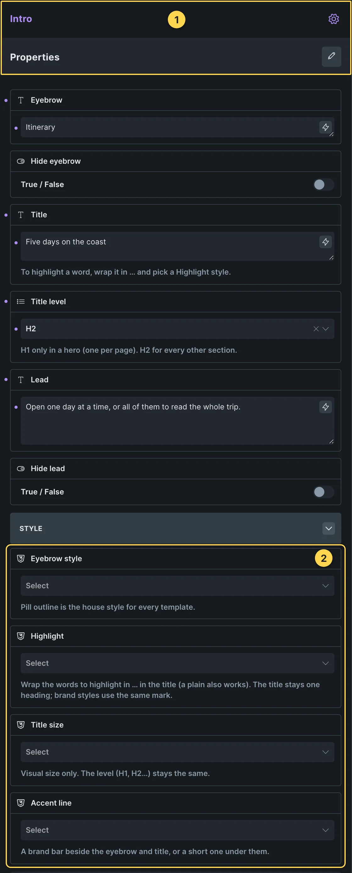 This template's own component, with its Style group open.