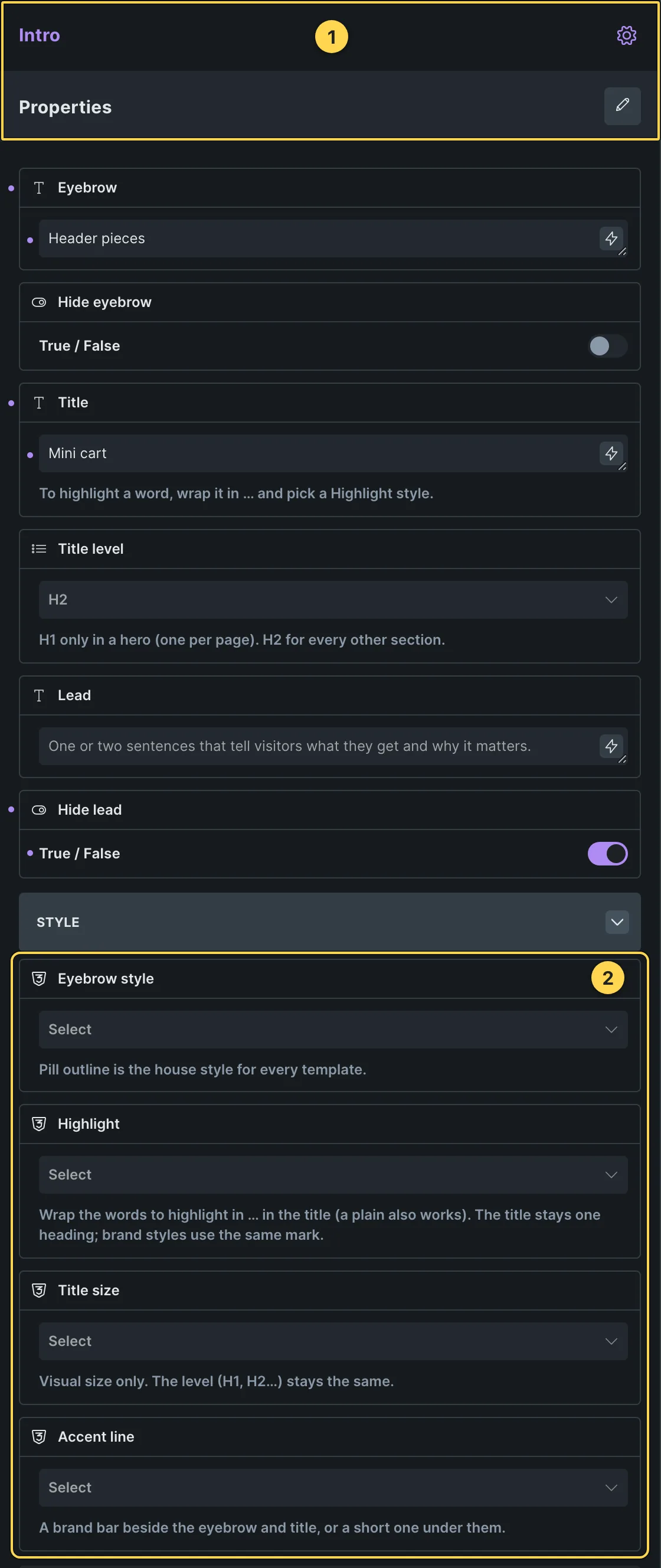 This template's own component, with its Style group open.