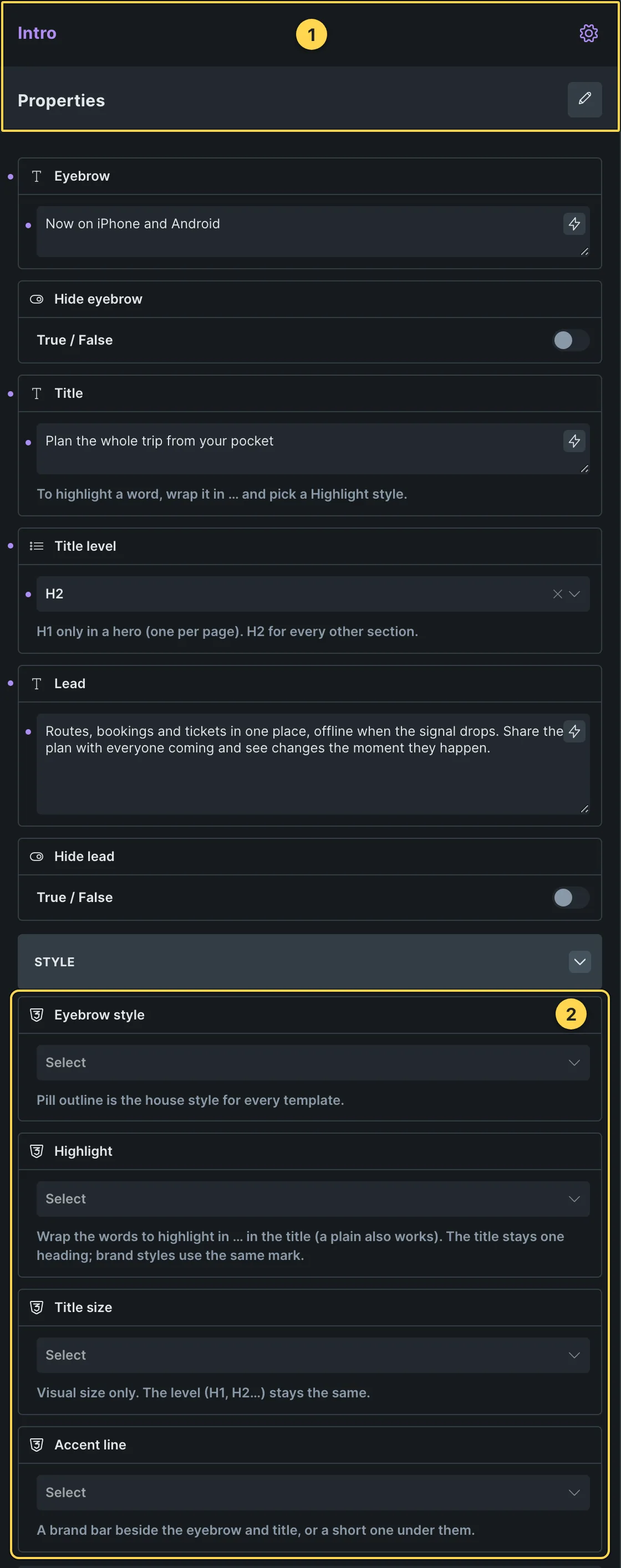 This template's own component, with its Style group open.