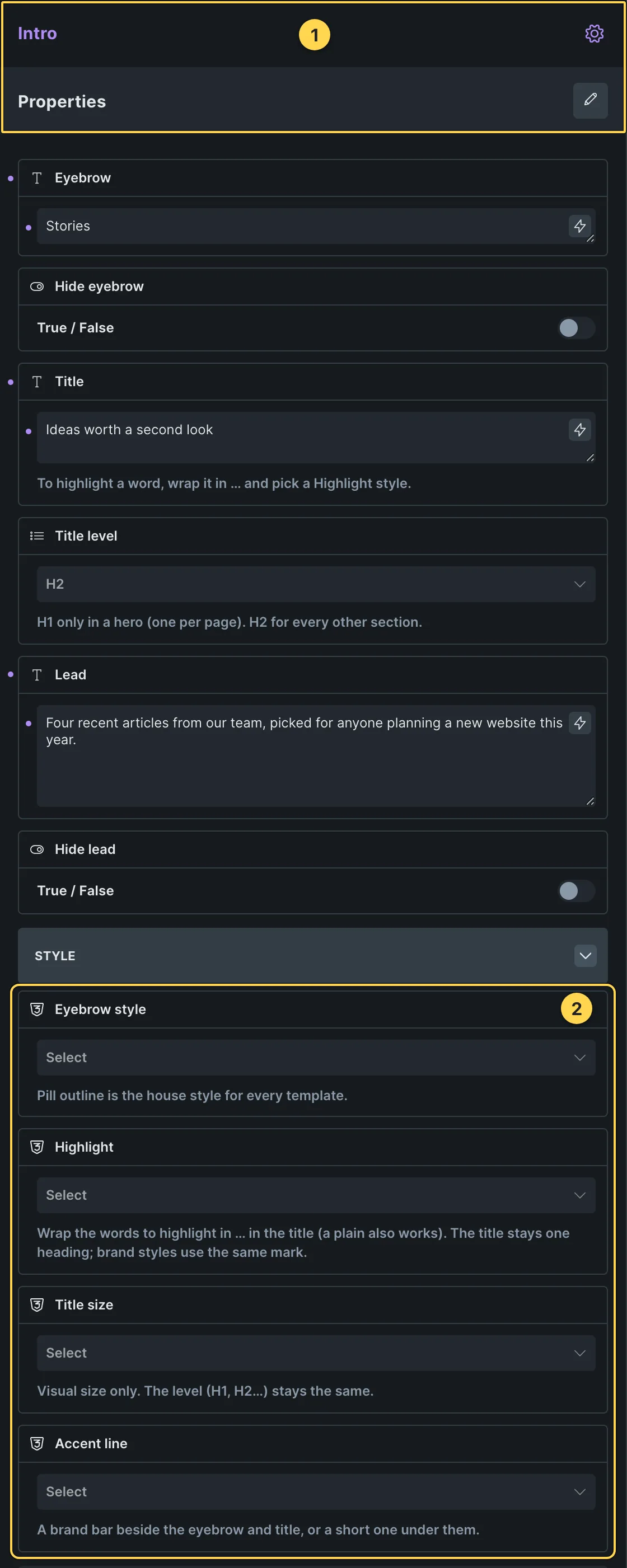 This template's own component, with its Style group open.