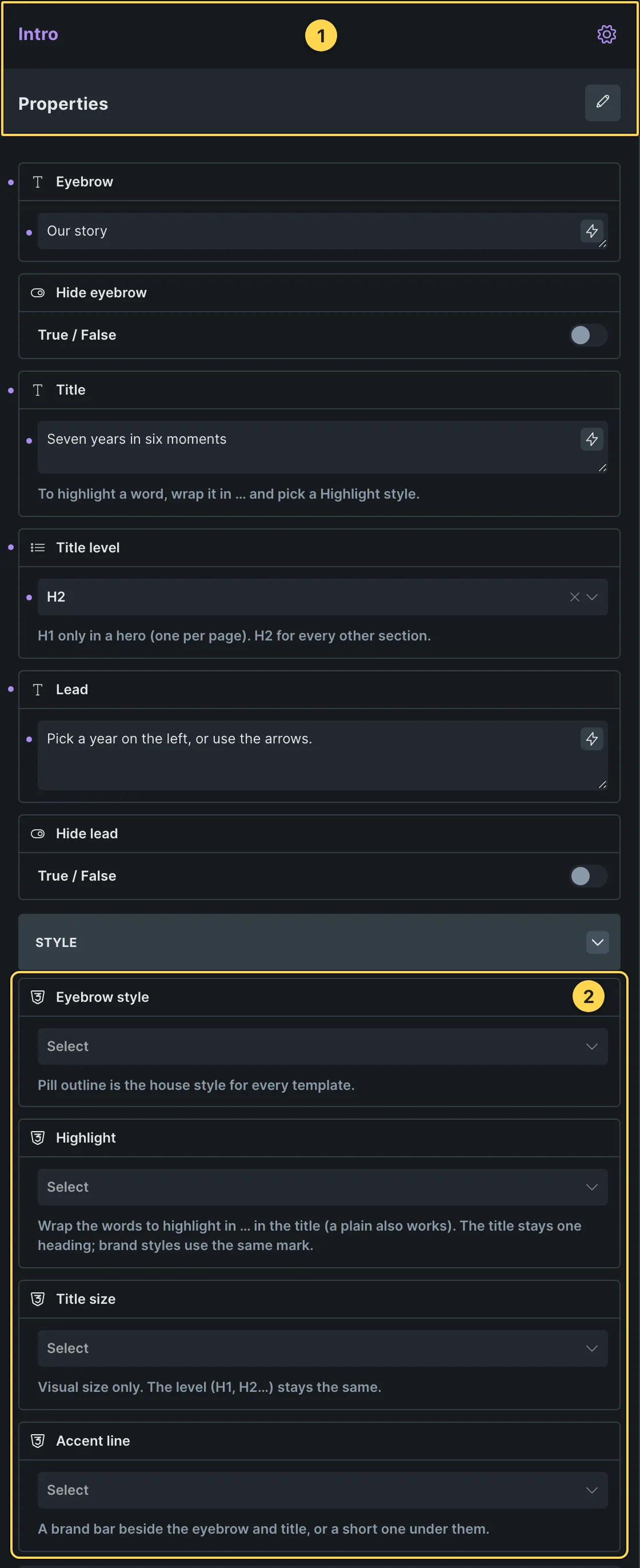 This template's own component, with its Style group open.