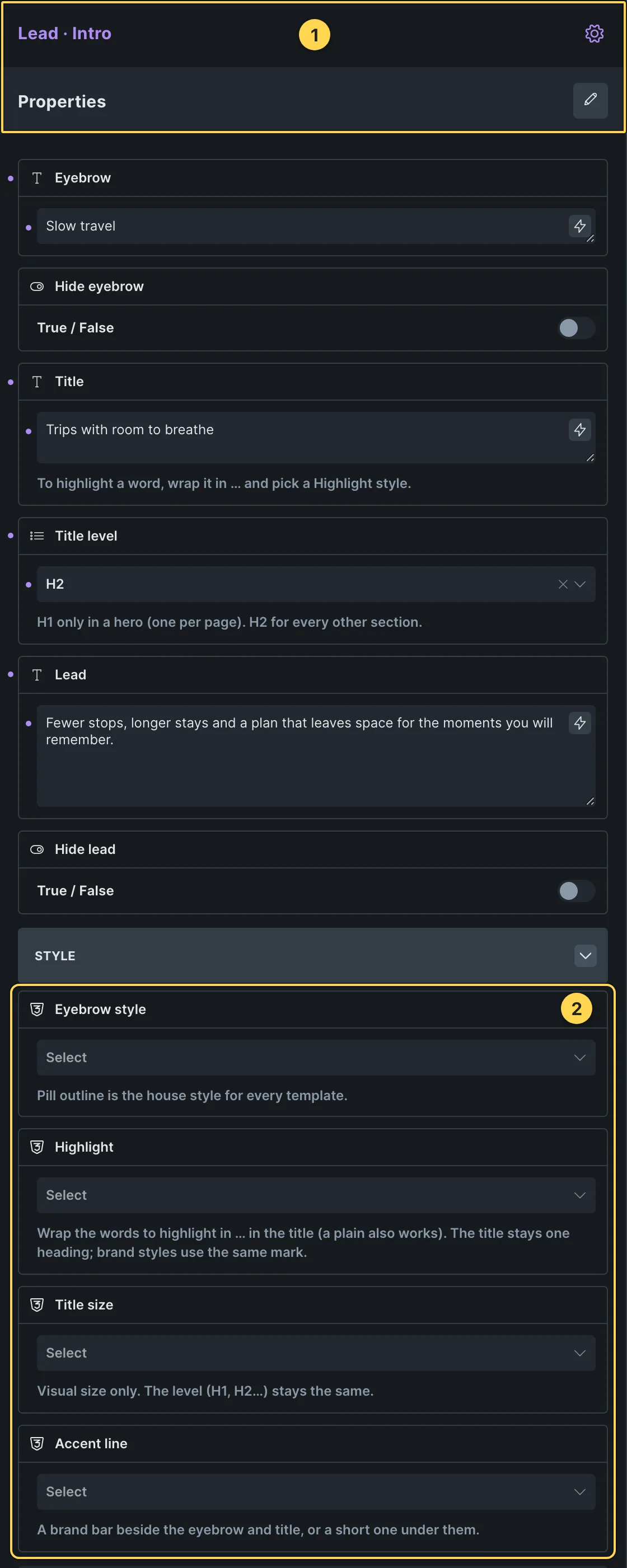 This template's own component, with its Style group open.