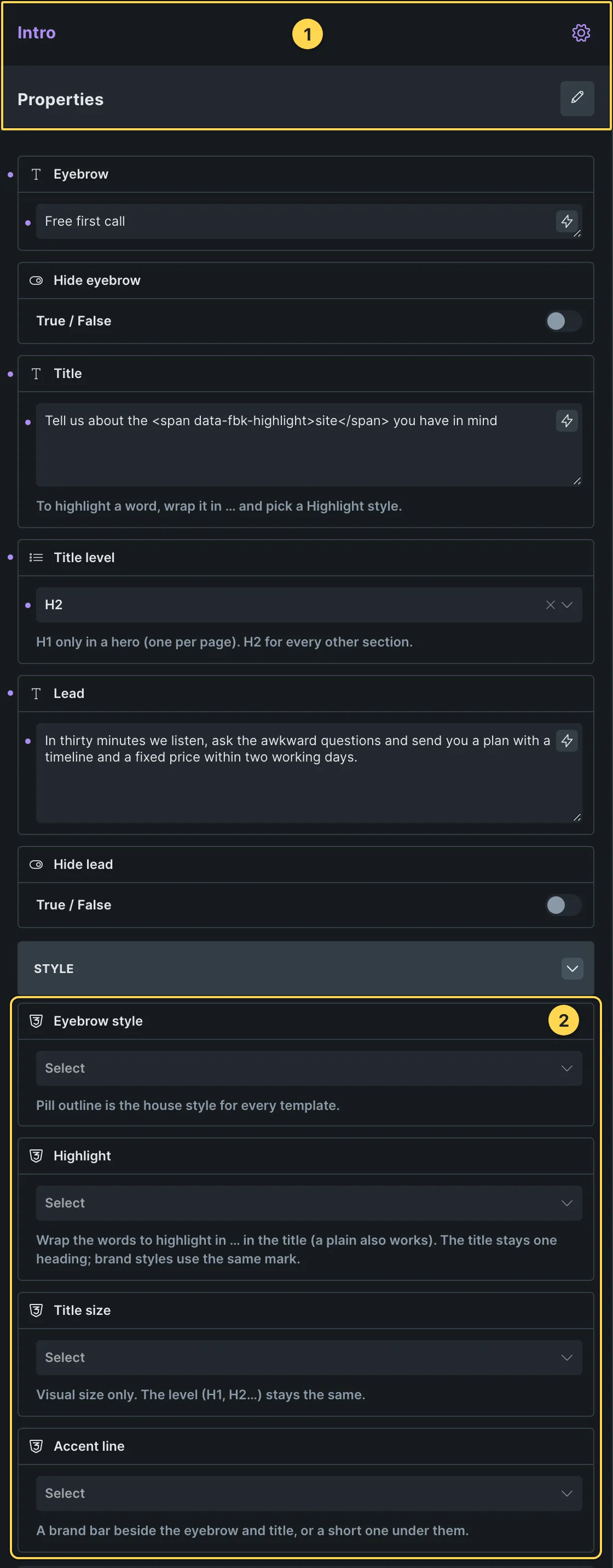 This template's own component, with its Style group open.