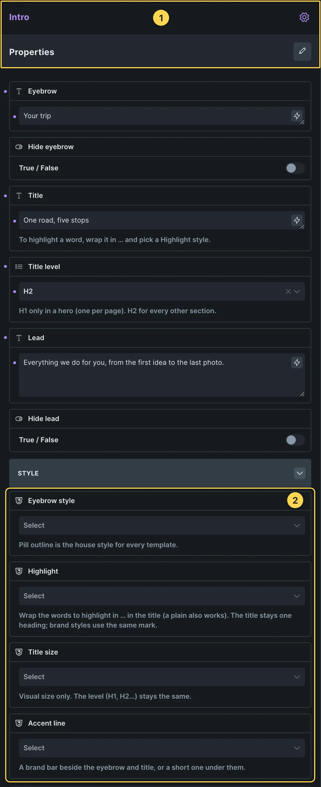 This template's own component, with its Style group open.